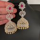 AD  Color Stone Big Size Statement Jhumka Earrings - Red