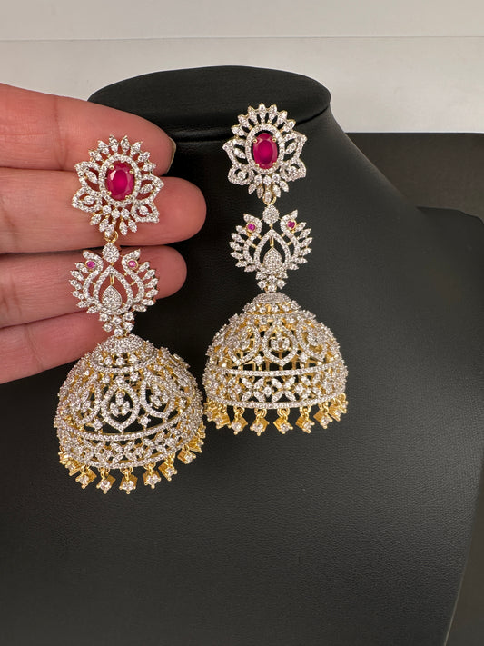 AD  Color Stone Big Size Statement Jhumka Earrings - Red