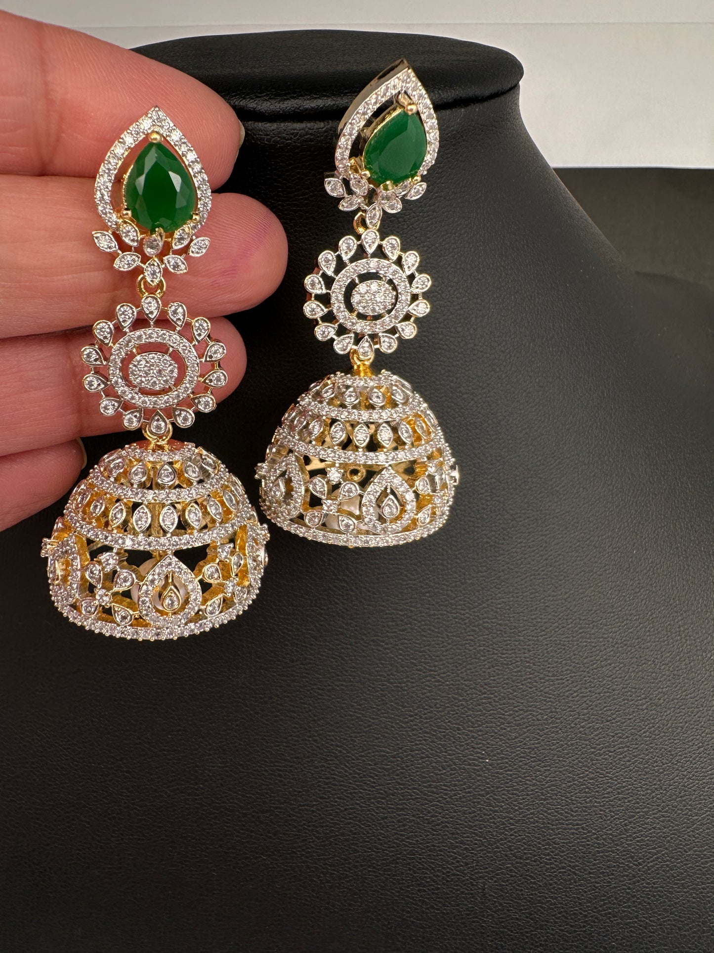 AD  Color Stone Big Size Statement Jhumka Earrings - Green
