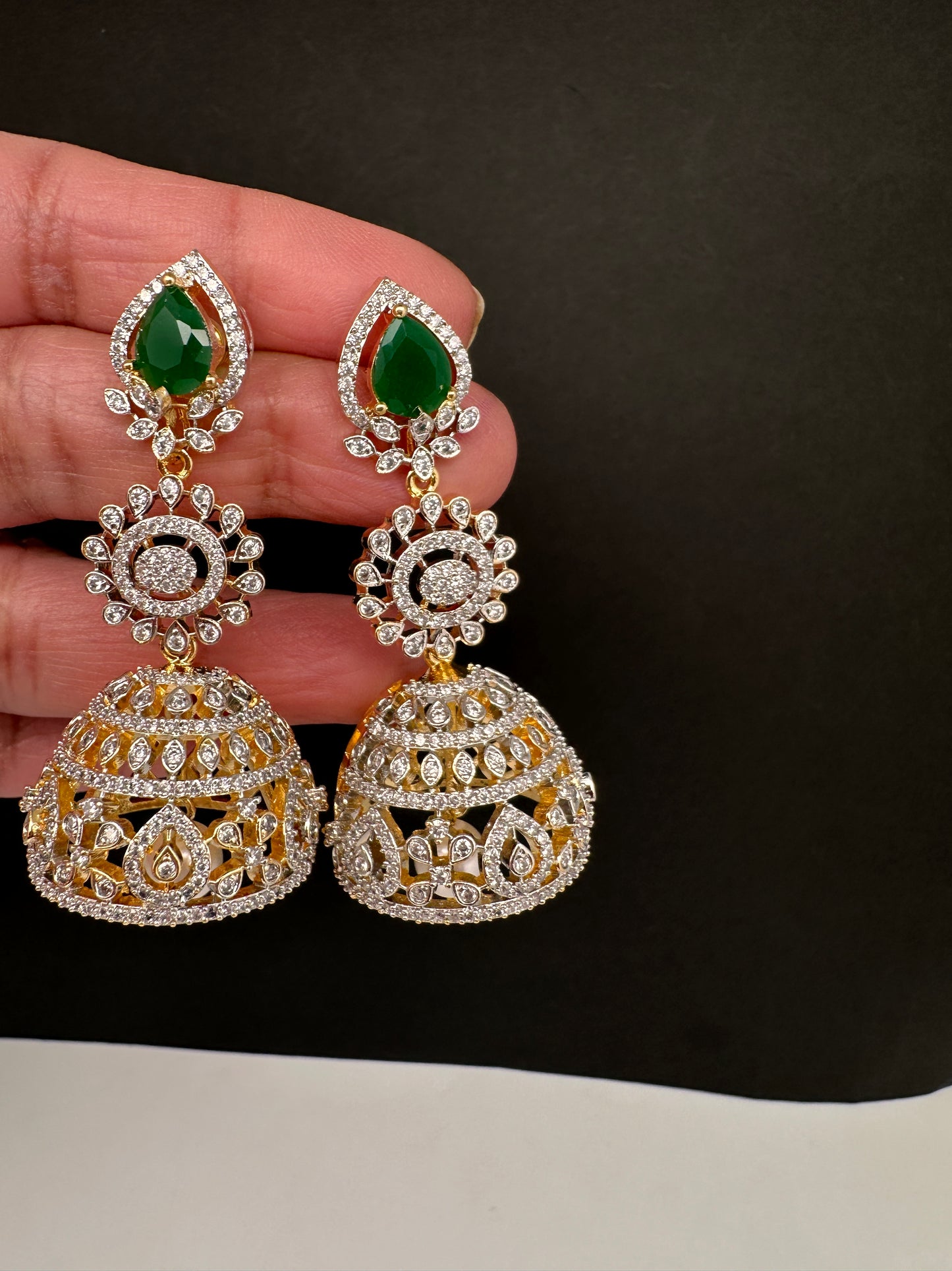 AD  Color Stone Big Size Statement Jhumka Earrings - Green