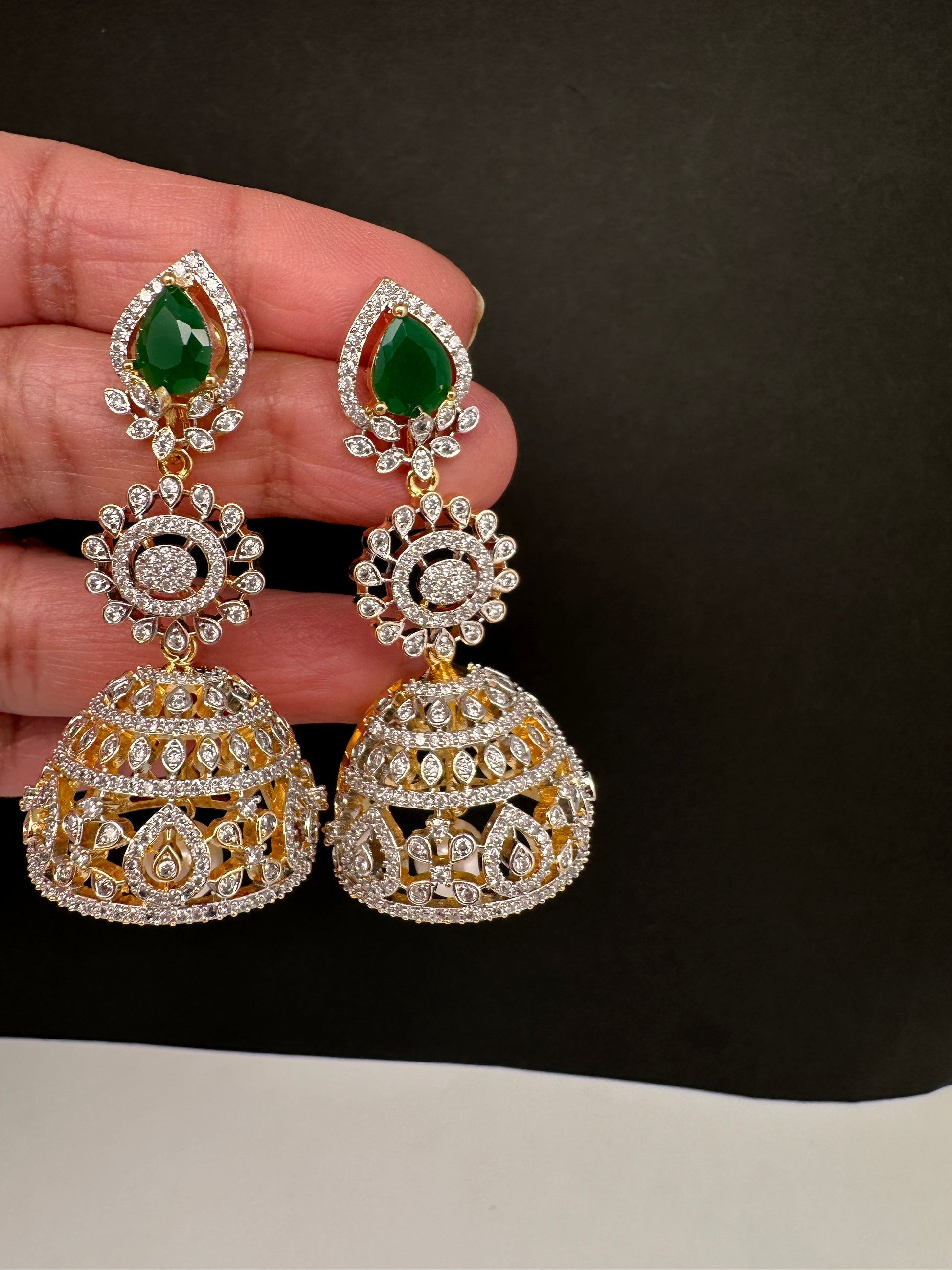 AD  Color Stone Big Size Statement Jhumka Earrings - Green