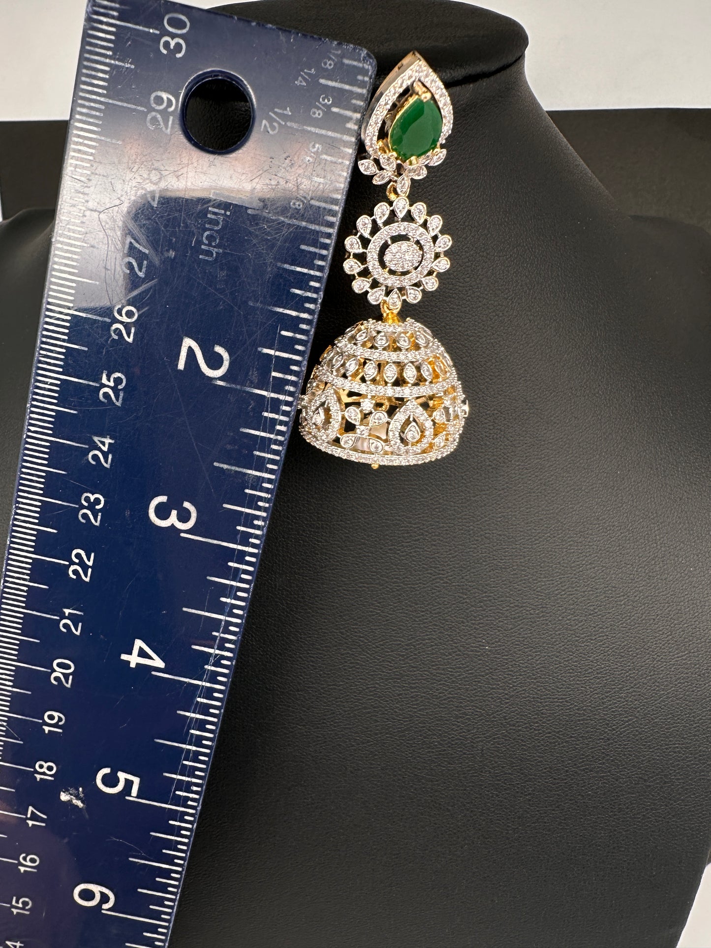 AD  Color Stone Big Size Statement Jhumka Earrings - Green