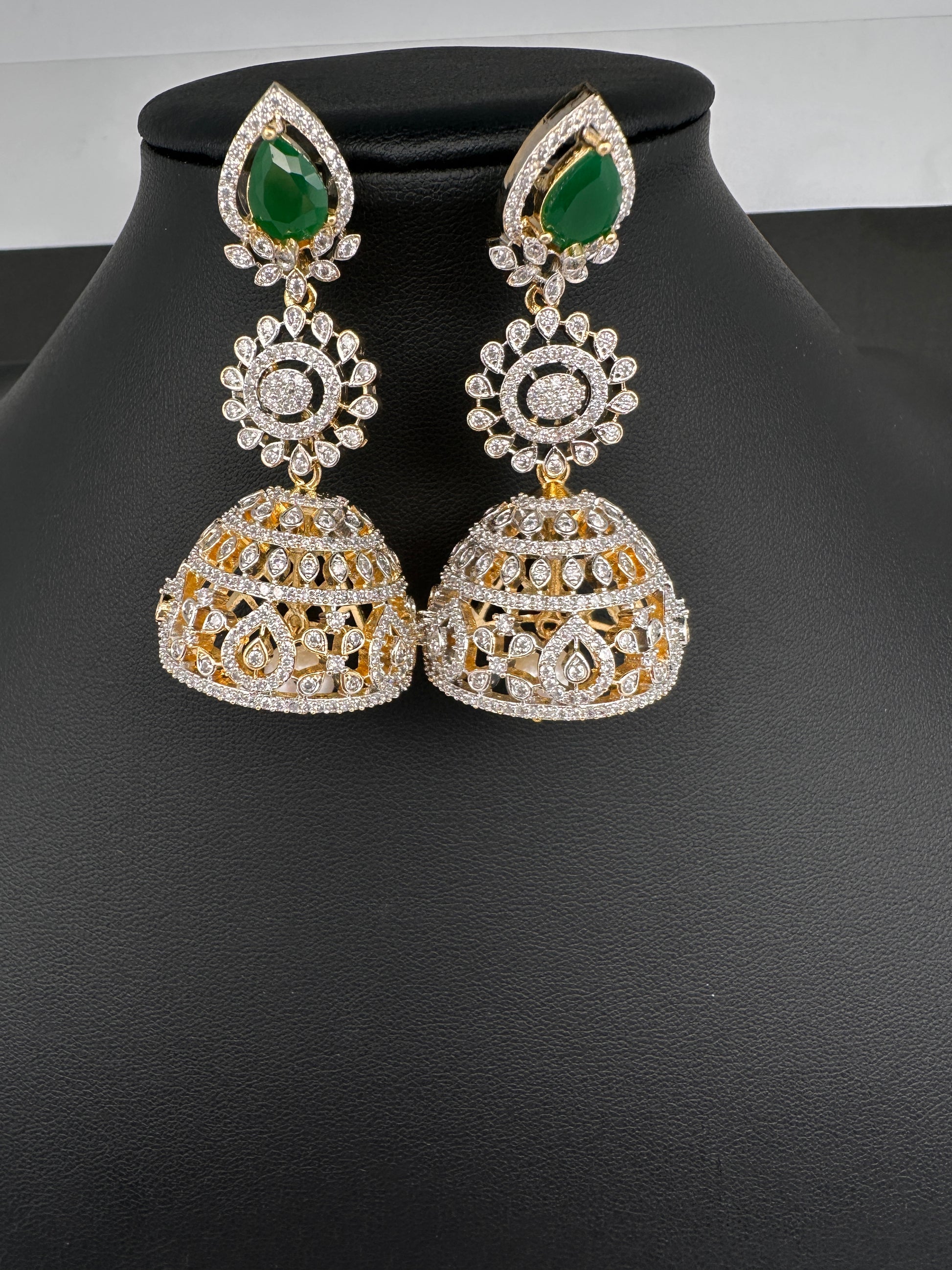 AD  Color Stone Big Size Statement Jhumka Earrings - Green