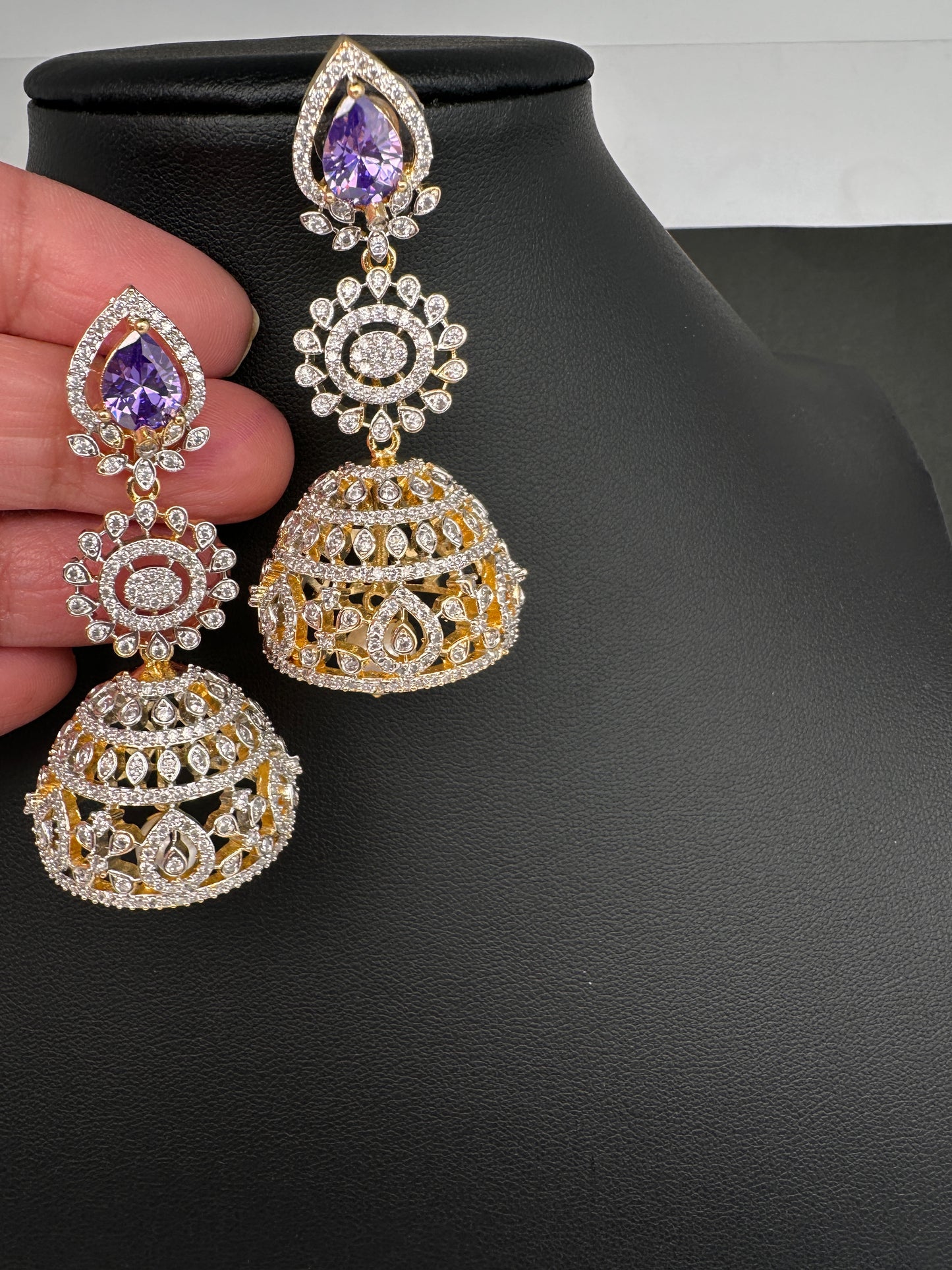 AD  Color Stone Big Size Statement Jhumka Earrings - Purple