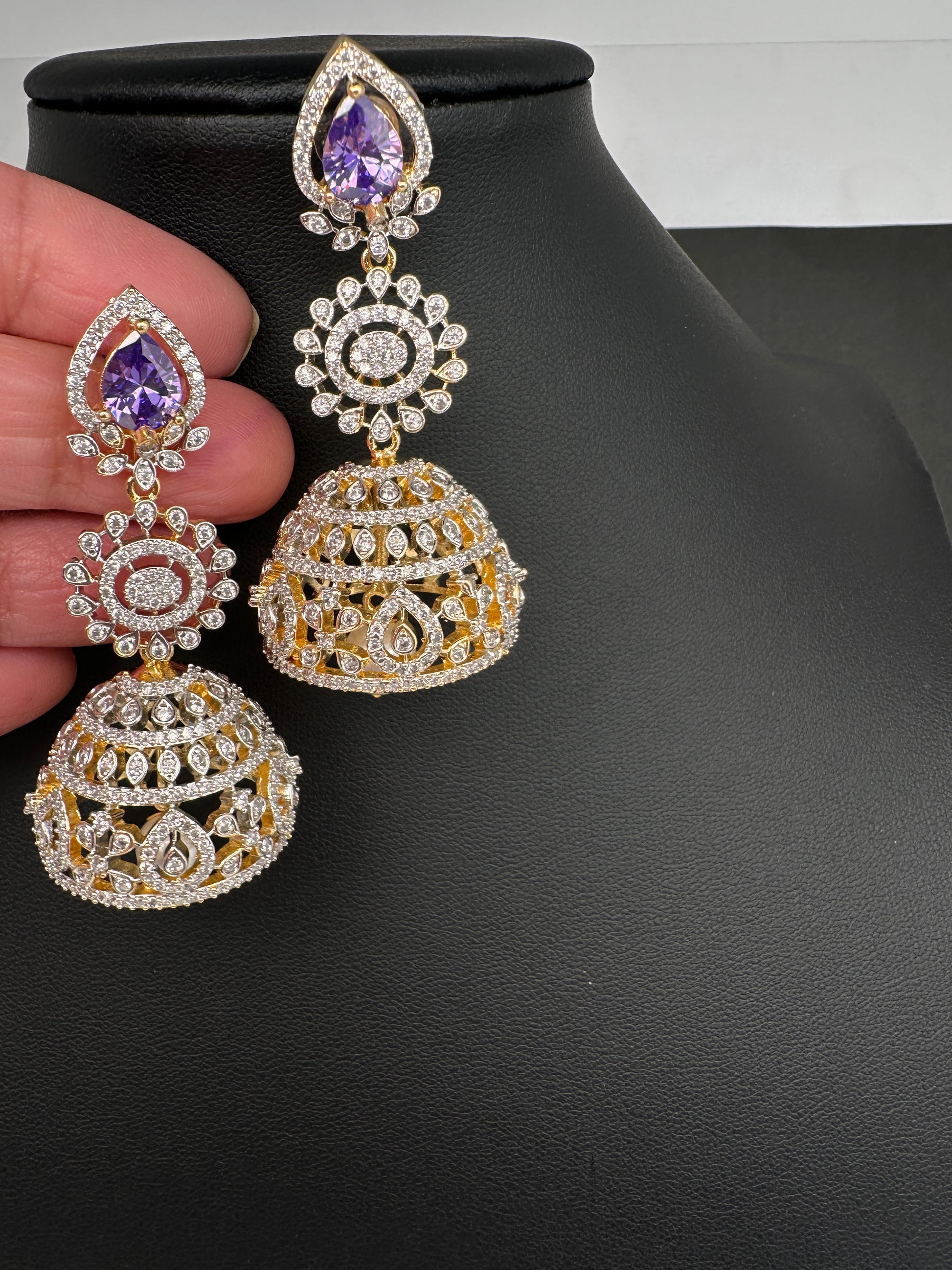 AD  Color Stone Big Size Statement Jhumka Earrings - Purple