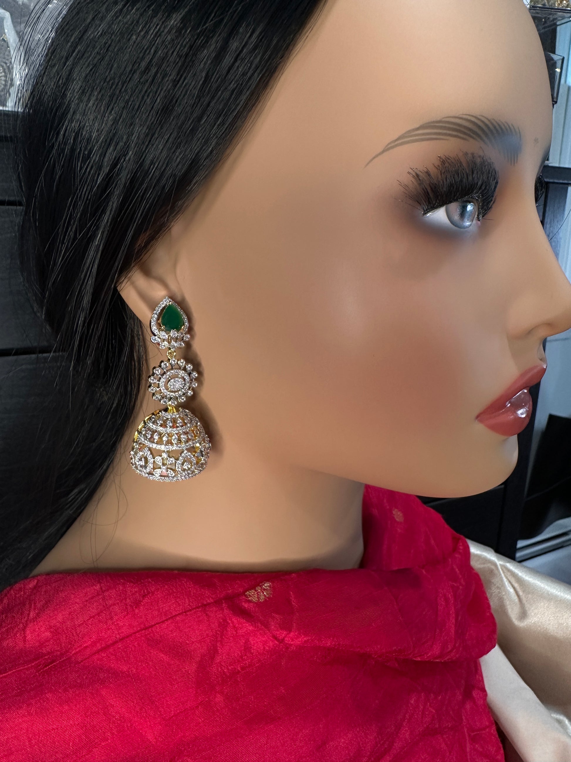 AD  Color Stone Big Size Statement Jhumka Earrings - Purple