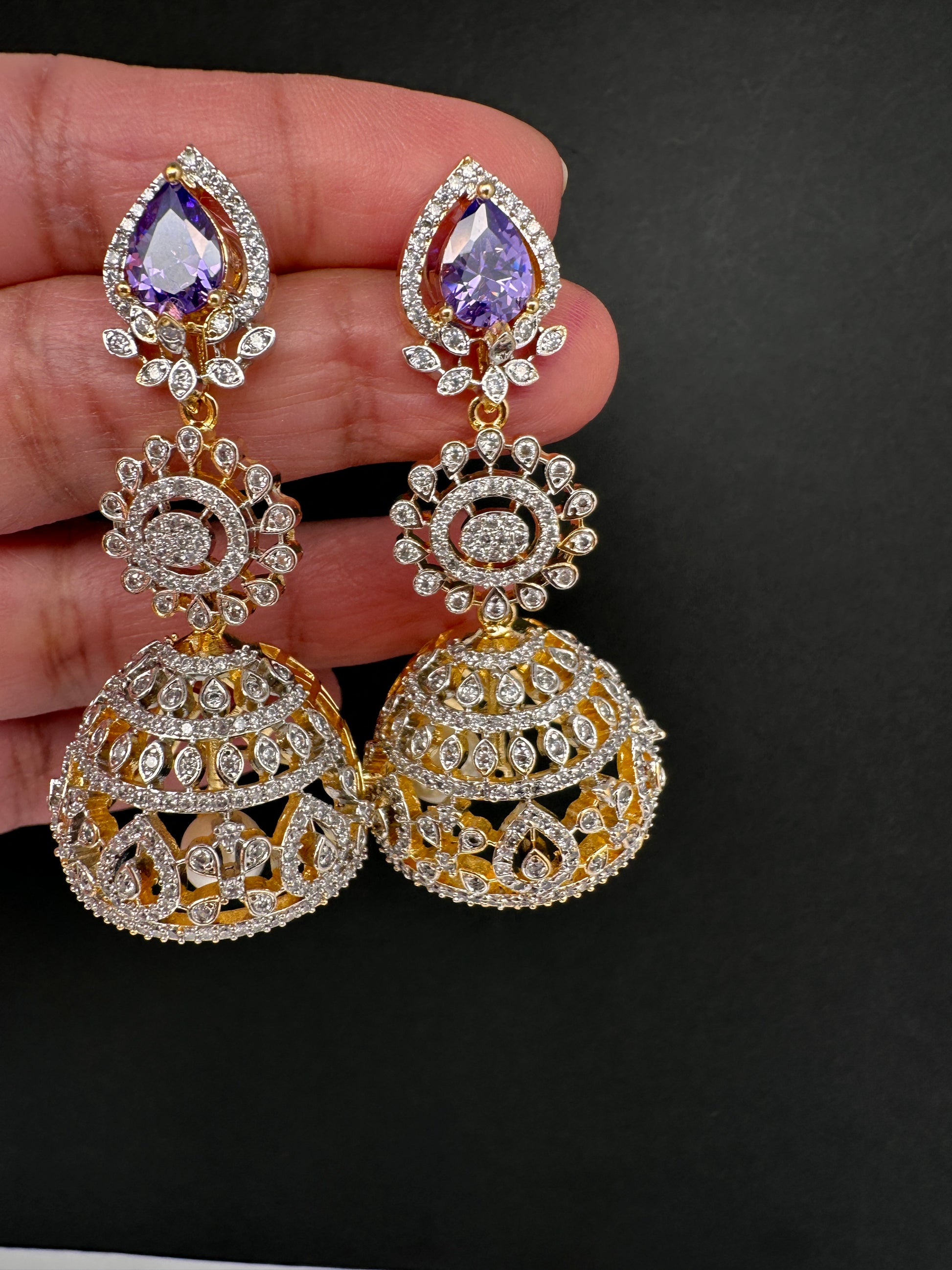 AD  Color Stone Big Size Statement Jhumka Earrings - Purple