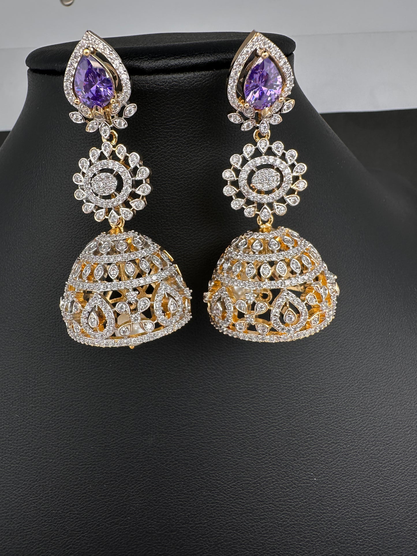 AD  Color Stone Big Size Statement Jhumka Earrings - Purple