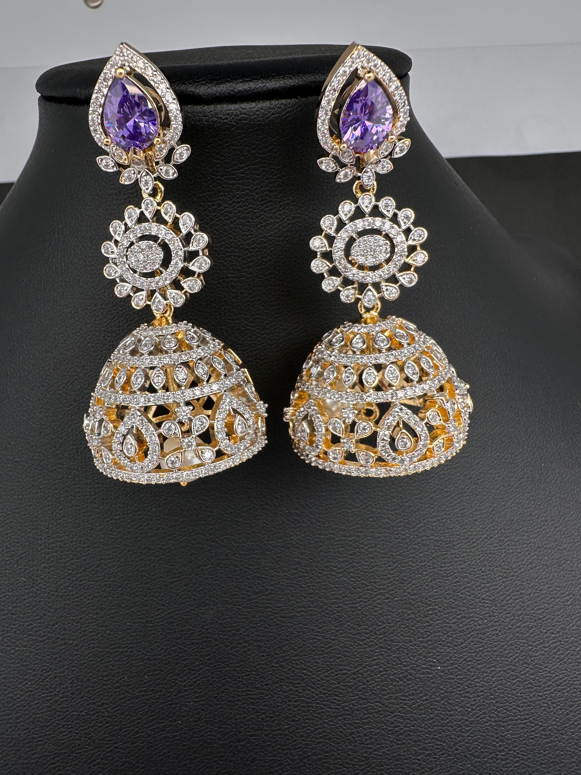 AD  Color Stone Big Size Statement Jhumka Earrings - Purple