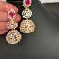 AD  Color Stone Big Size Statement Jhumka Earrings - Red