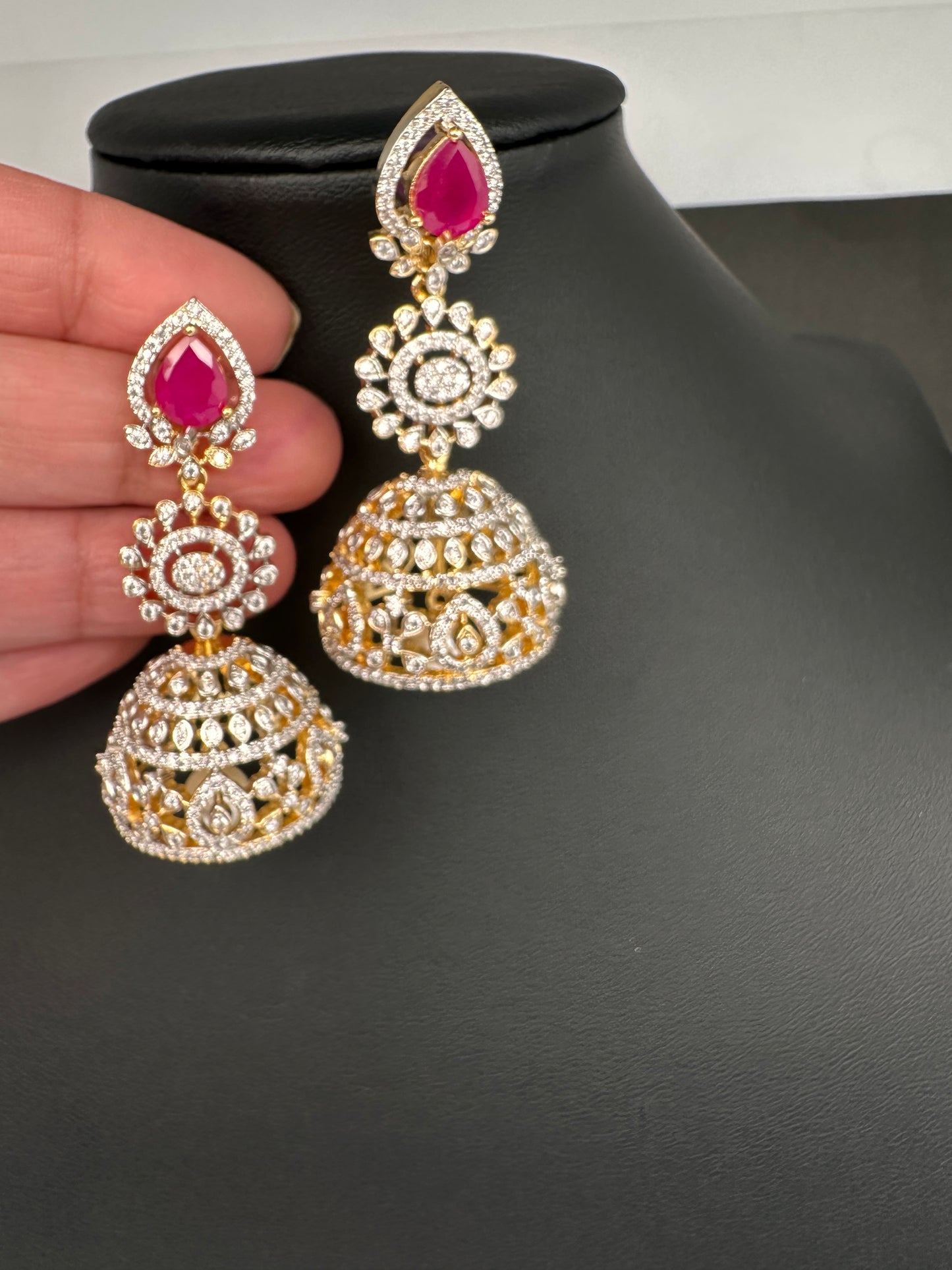 AD  Color Stone Big Size Statement Jhumka Earrings - Red