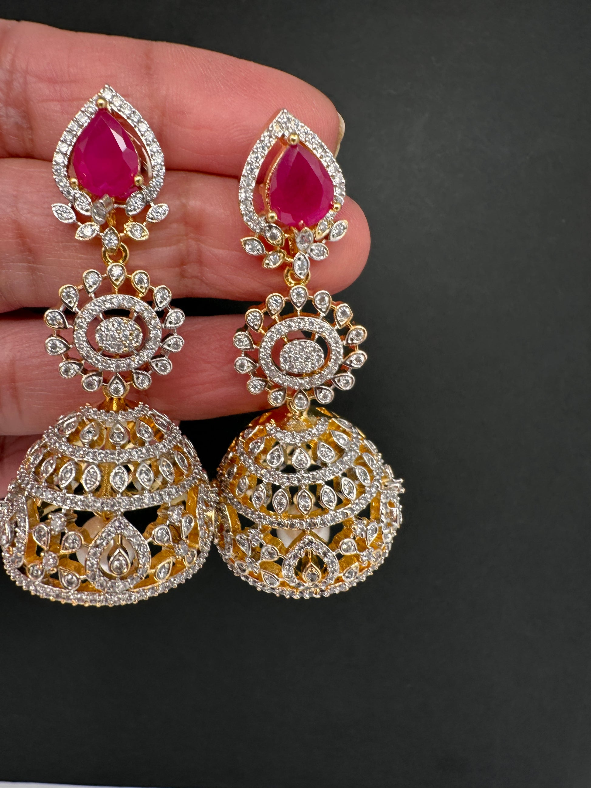 AD  Color Stone Big Size Statement Jhumka Earrings - Red