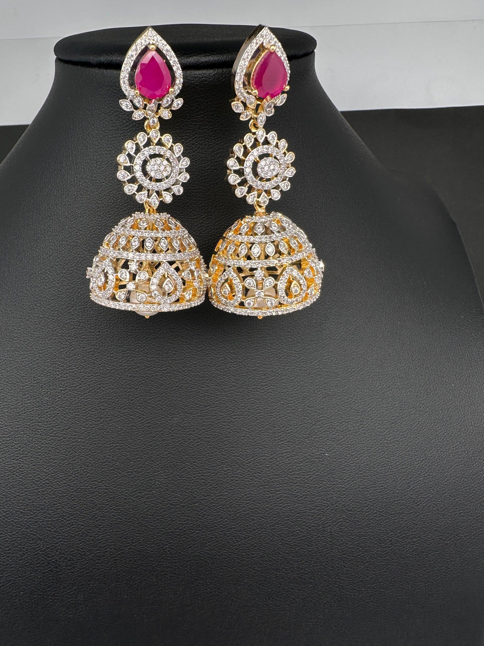 AD  Color Stone Big Size Statement Jhumka Earrings - Red
