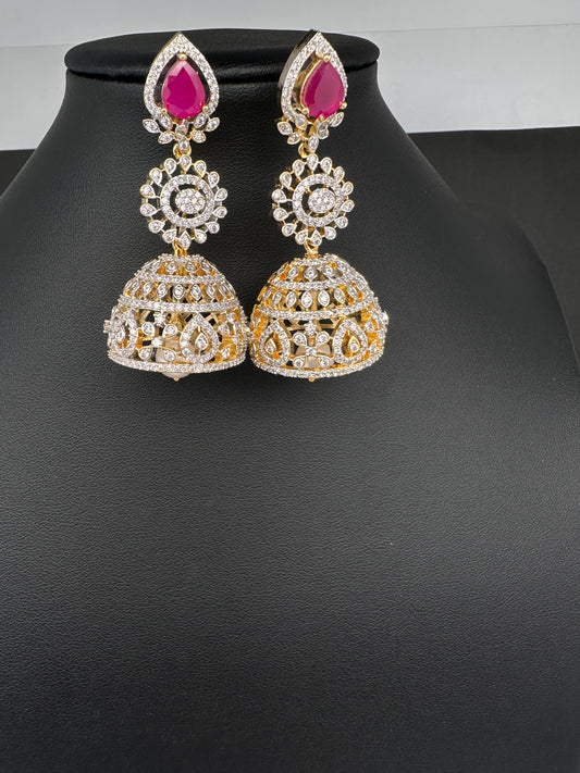 AD  Color Stone Big Size Statement Jhumka Earrings - Red