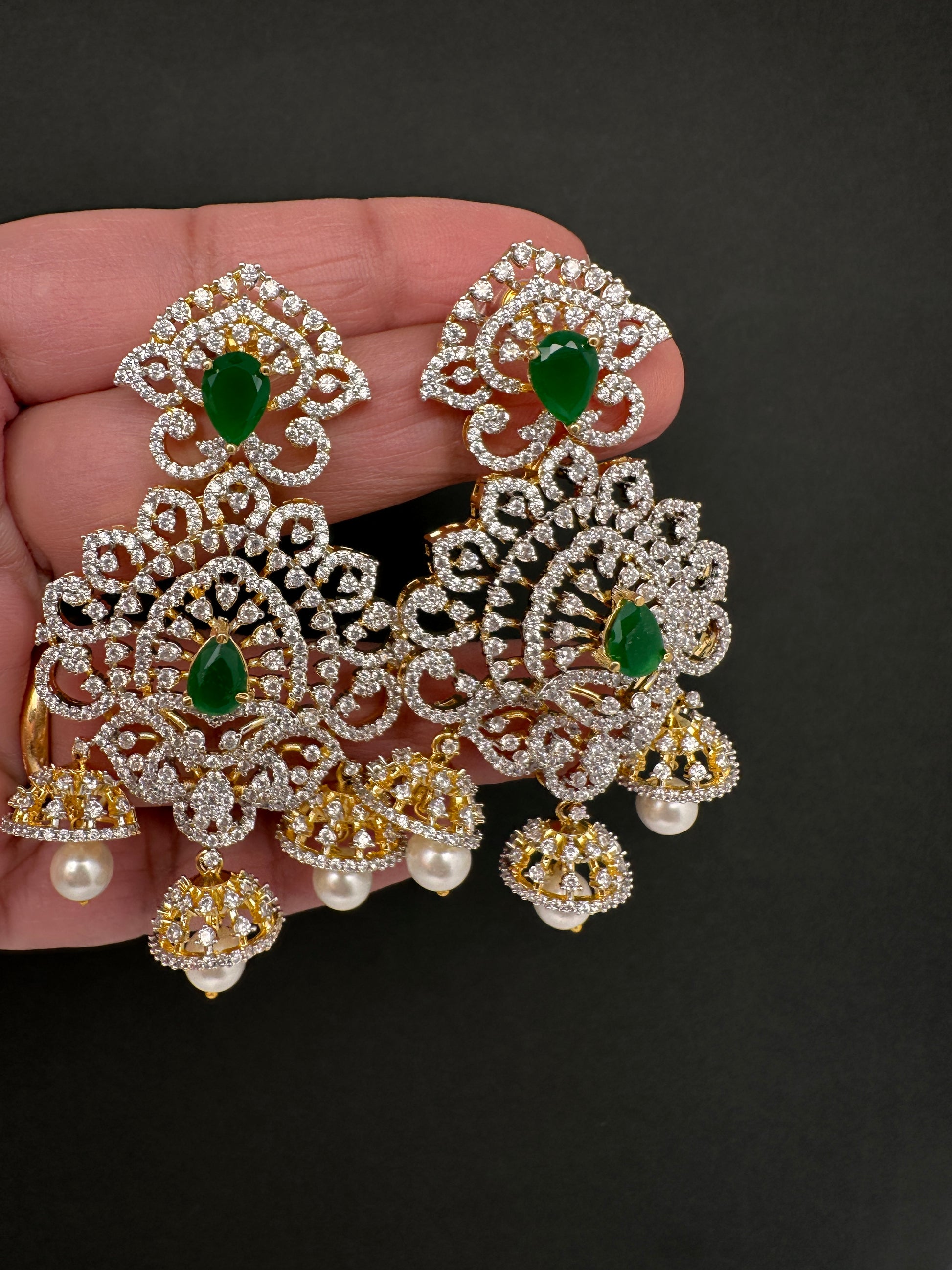 AD  Emerald Green Statement Jhumka Earrings - 