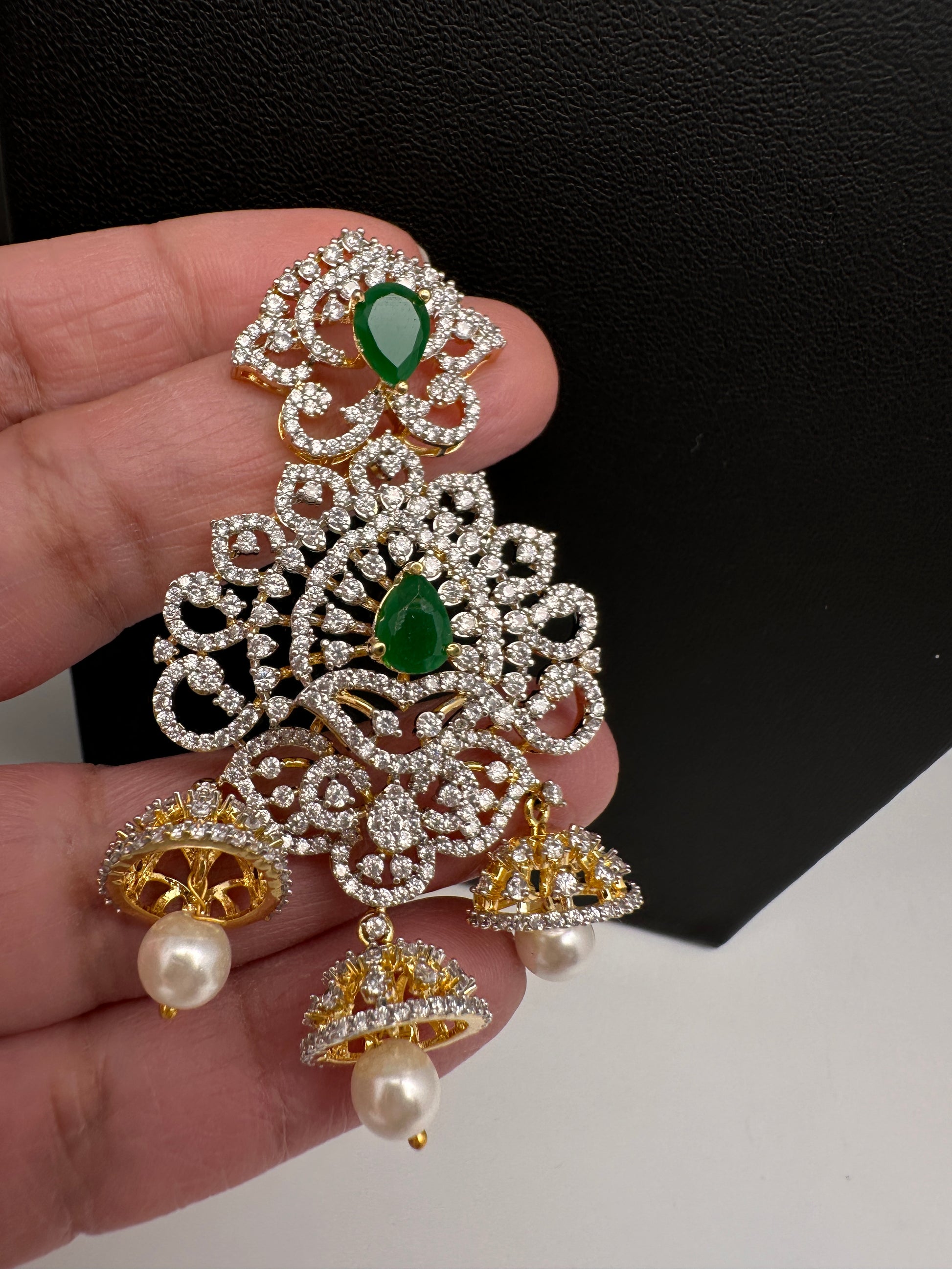 AD  Emerald Green Statement Jhumka Earrings - 