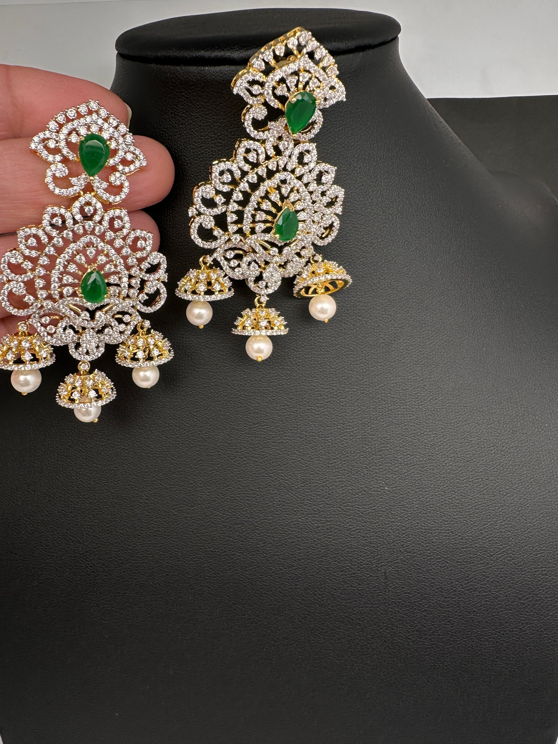 AD  Emerald Green Statement Jhumka Earrings - 