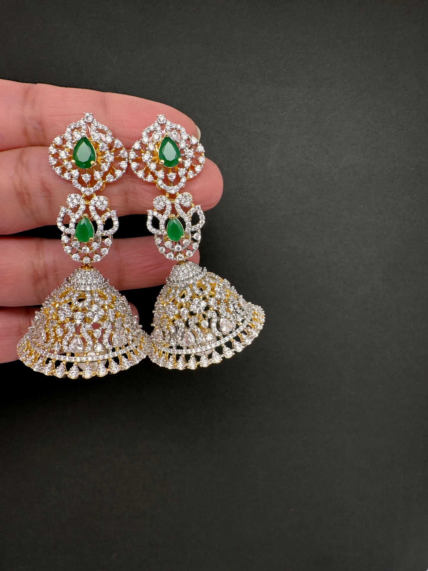 AD  Color Stone Big Size Statement Jhumka Earrings - Green