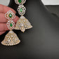 AD  Color Stone Big Size Statement Jhumka Earrings - Green
