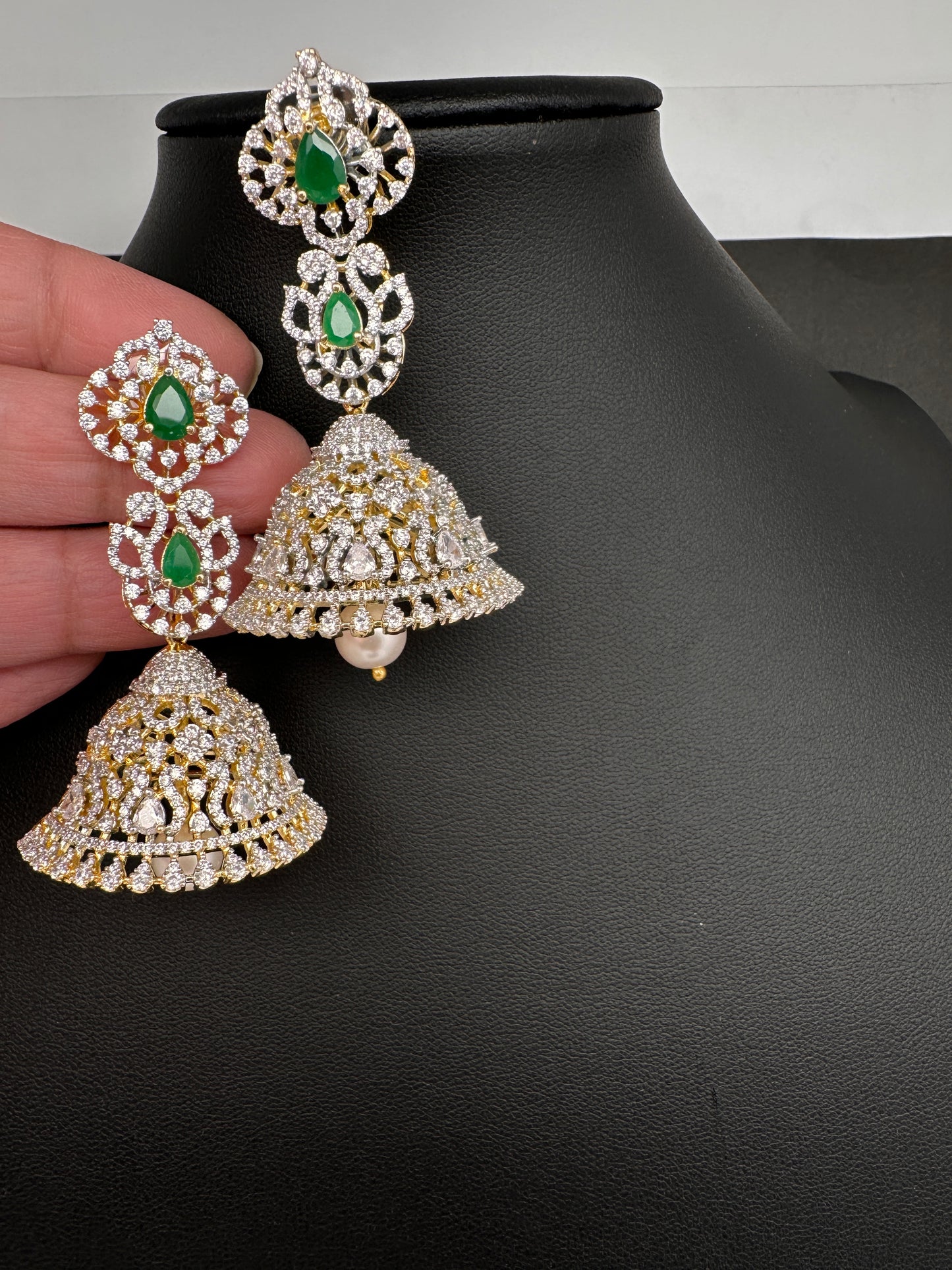 AD  Color Stone Big Size Statement Jhumka Earrings - Green