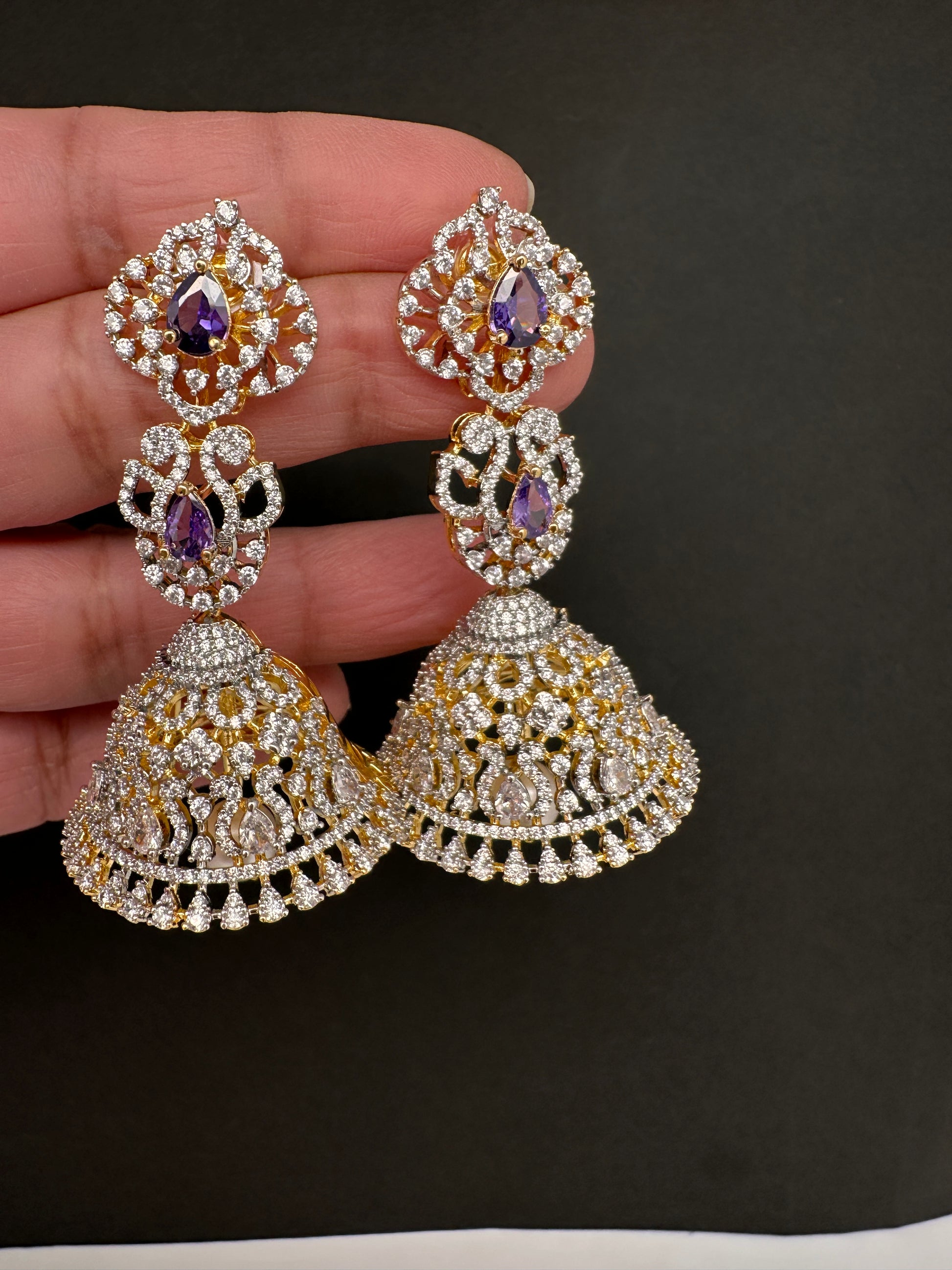 AD  Color Stone Big Size Statement Jhumka Earrings - Purple