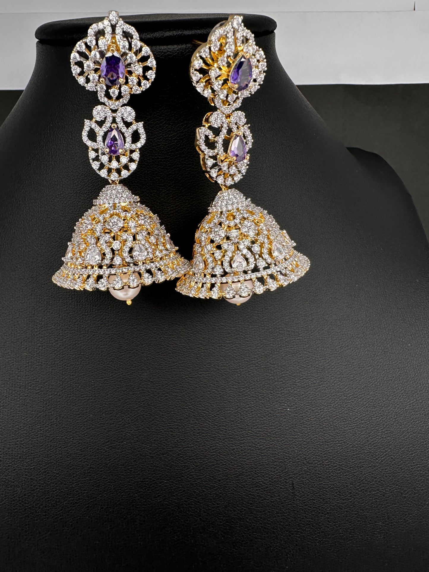 AD  Color Stone Big Size Statement Jhumka Earrings - Purple