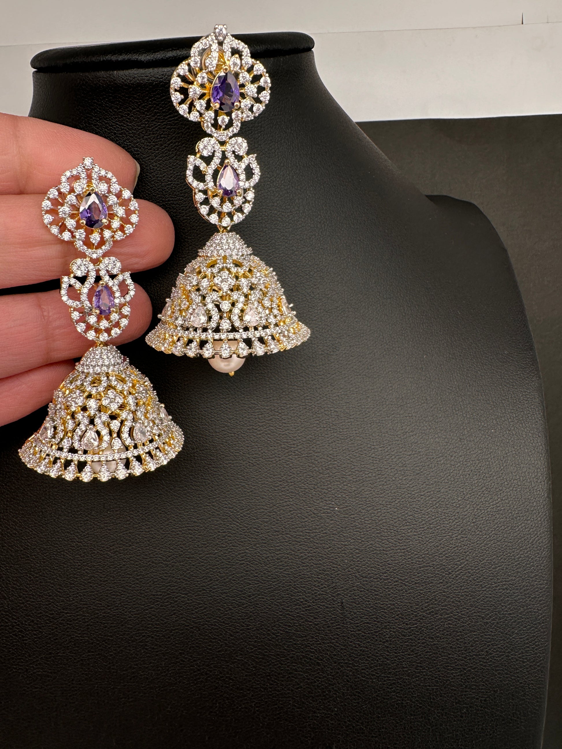 AD  Color Stone Big Size Statement Jhumka Earrings - Purple