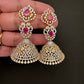 AD  Color Stone Big Size Statement Jhumka Earrings - Red