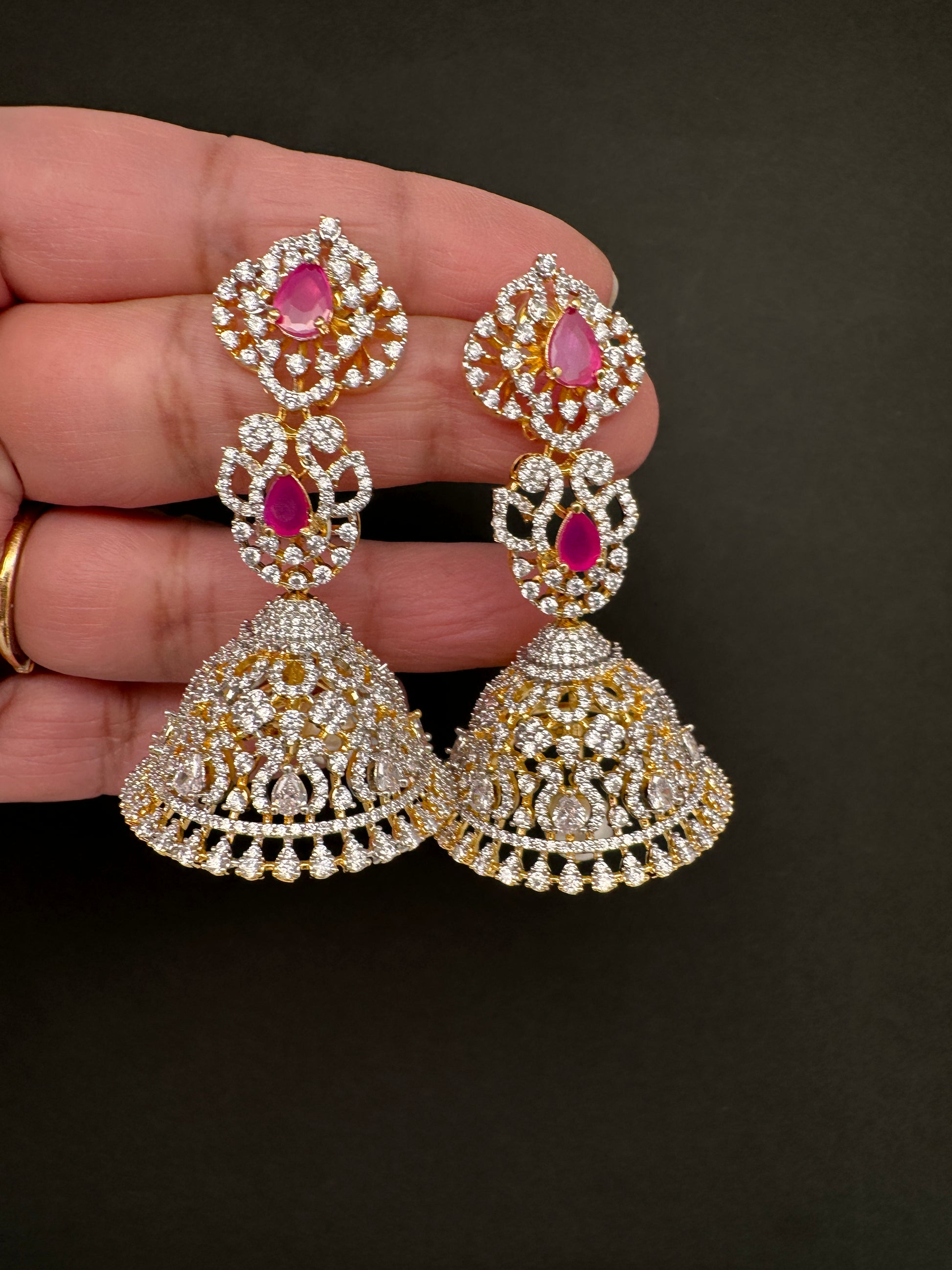 AD  Color Stone Big Size Statement Jhumka Earrings - Red