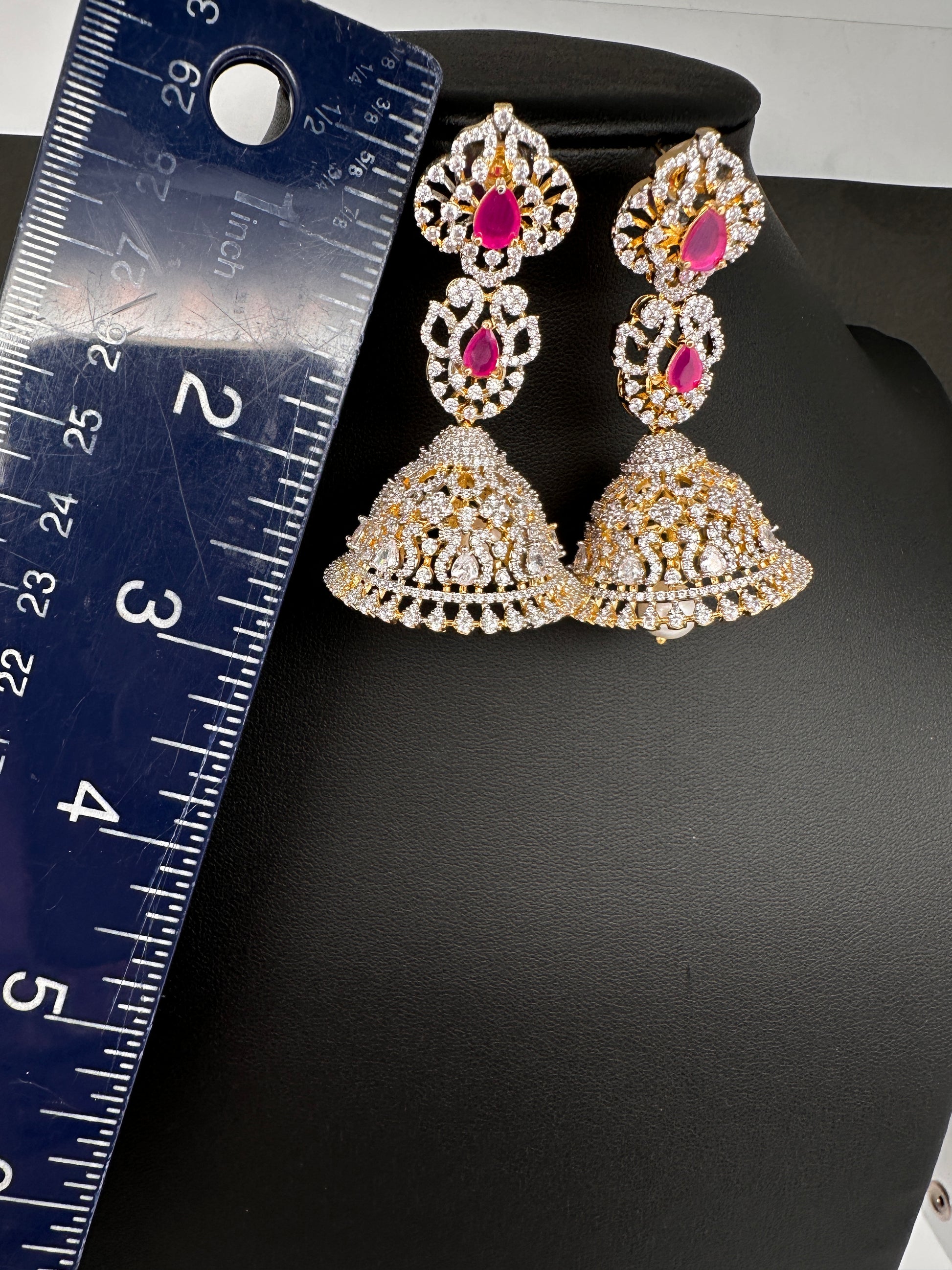 AD  Color Stone Big Size Statement Jhumka Earrings - Red
