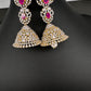 AD  Color Stone Big Size Statement Jhumka Earrings - Red