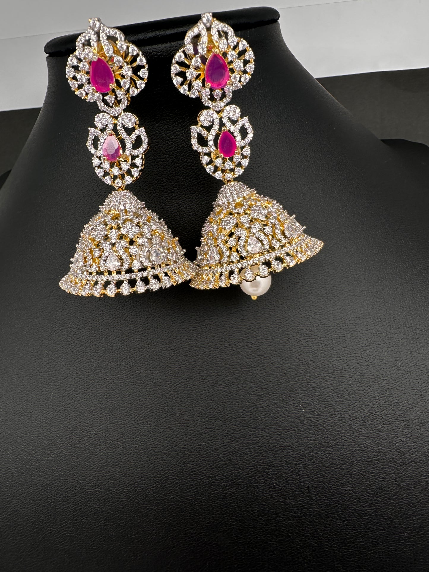 AD  Color Stone Big Size Statement Jhumka Earrings - Red