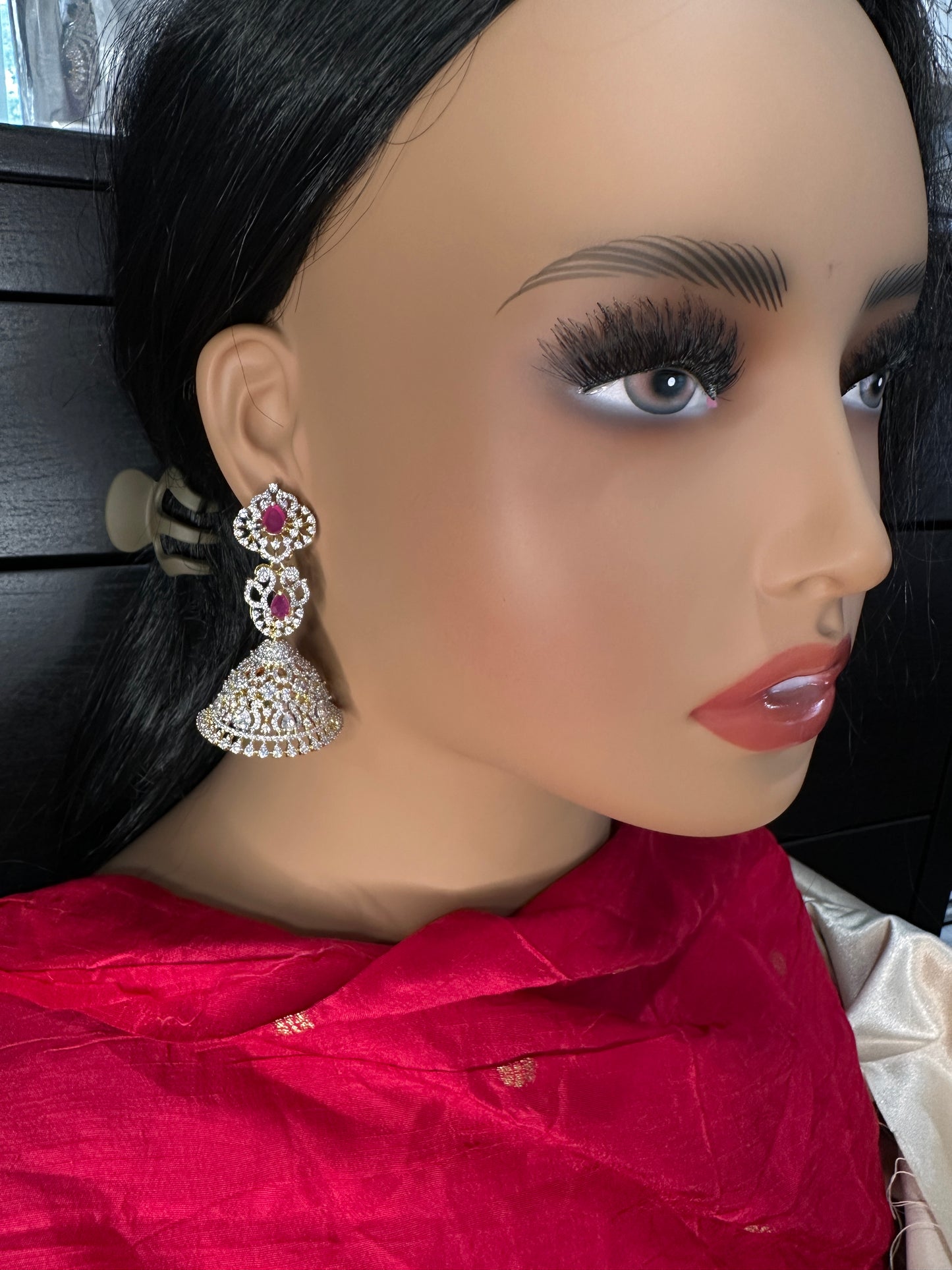 AD  Color Stone Big Size Statement Jhumka Earrings - Red