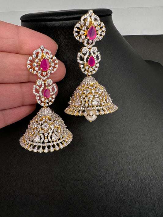 AD  Color Stone Big Size Statement Jhumka Earrings - Red