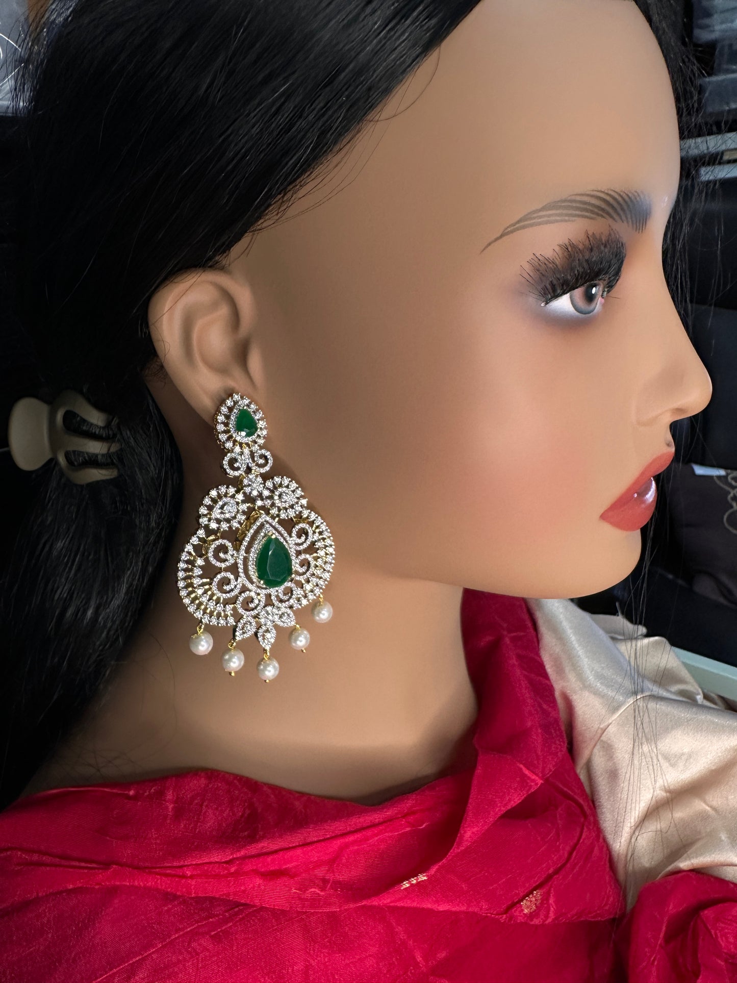 AD  Color Stone Big Size Statement Earrings - Green