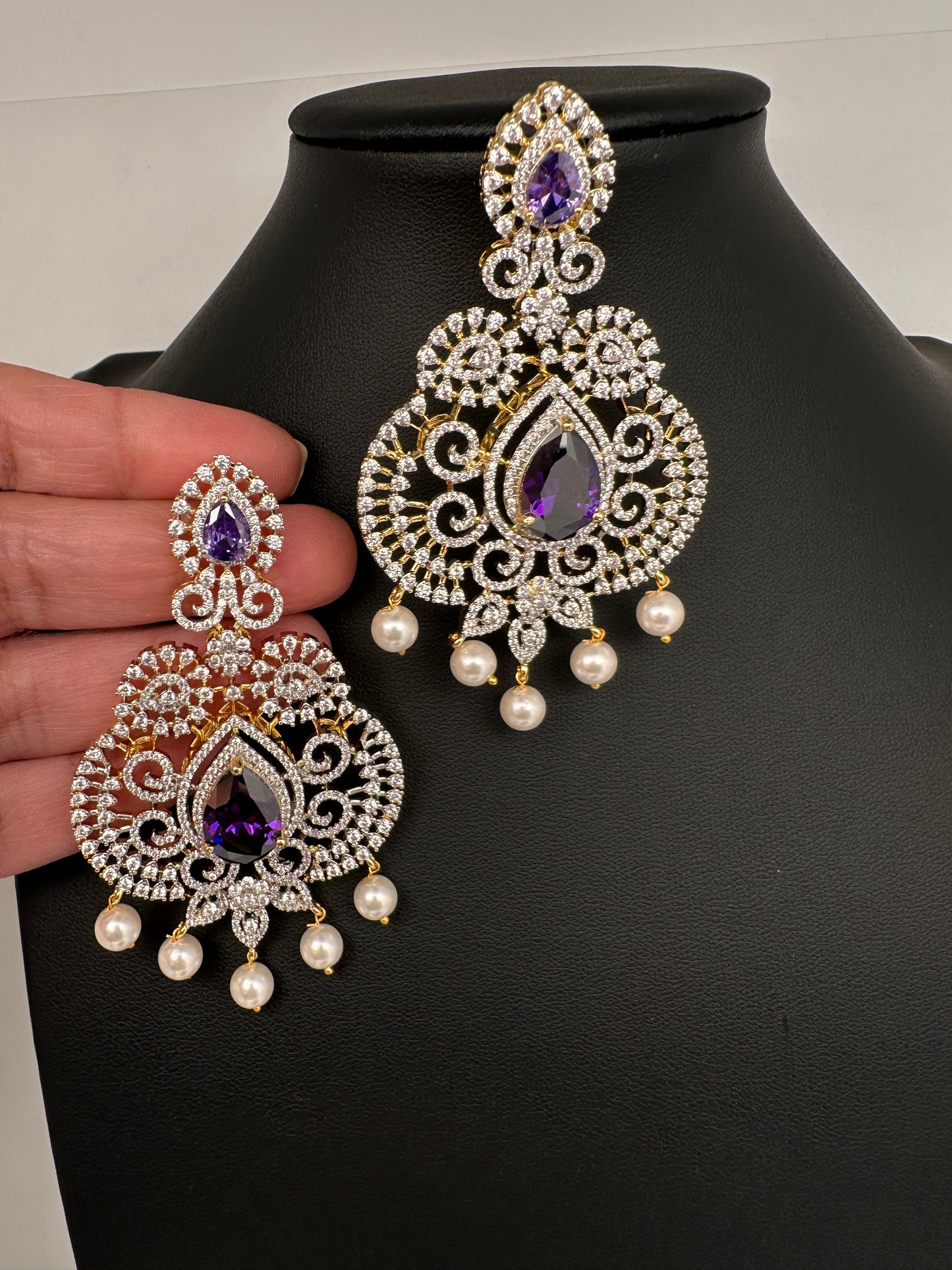 AD  Color Stone Big Size Statement Earrings - Purple
