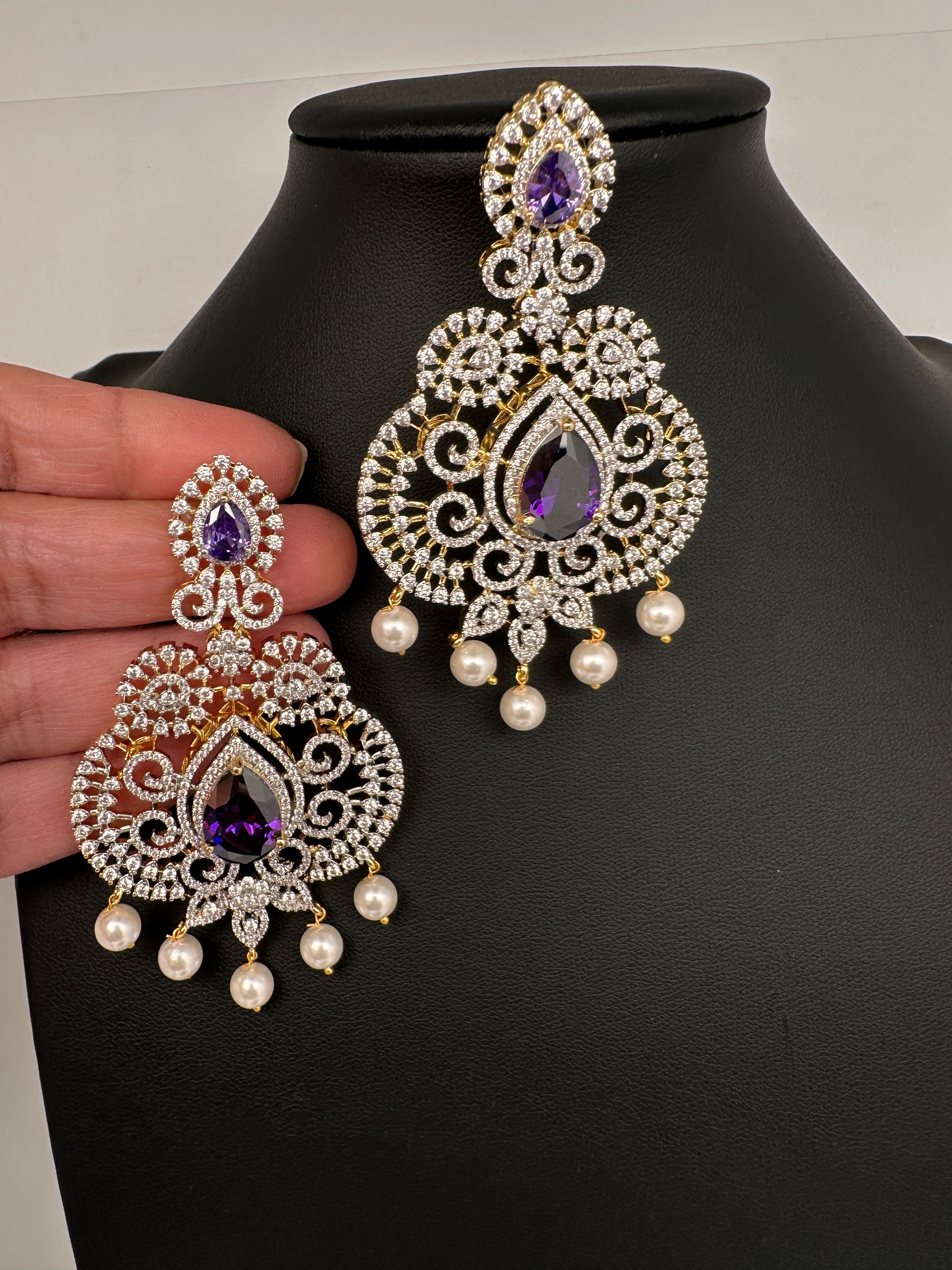 AD  Color Stone Big Size Statement Earrings - Purple