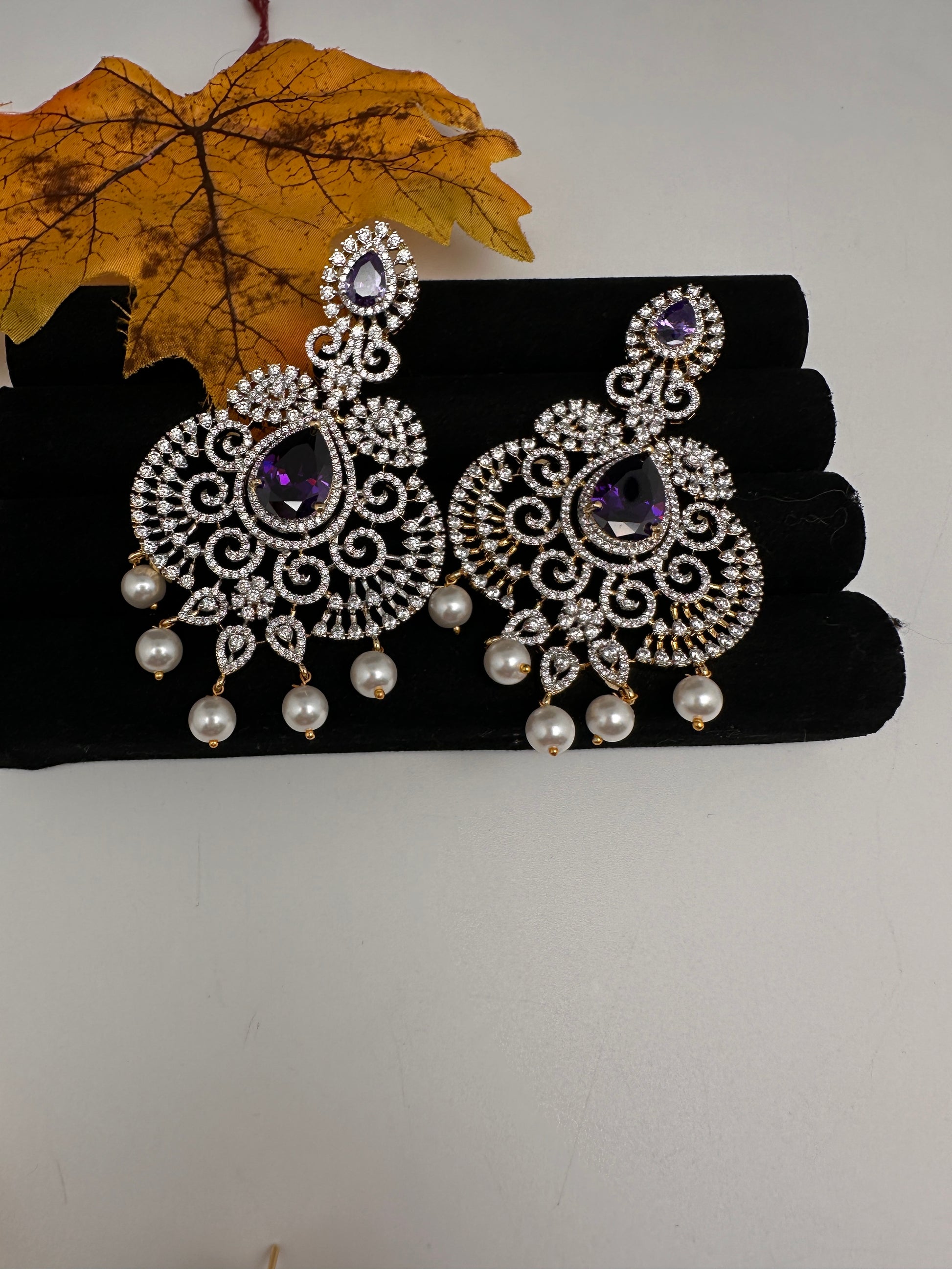 AD  Color Stone Big Size Statement Earrings - Purple