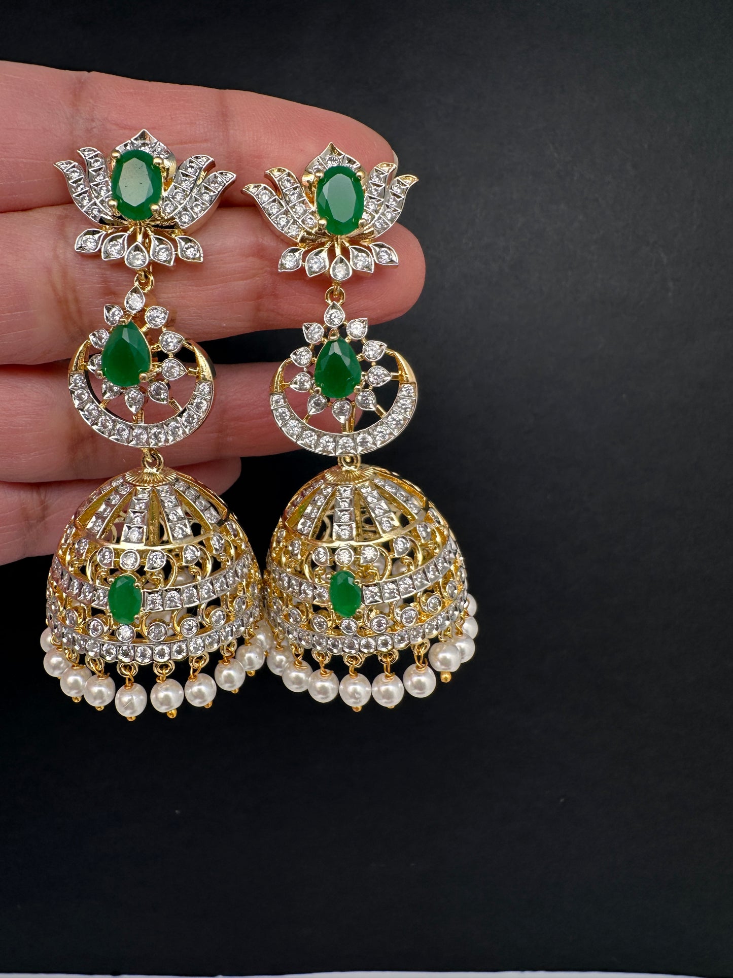 AD  Lotus Color Stone Big Size Statement Earrings - Green