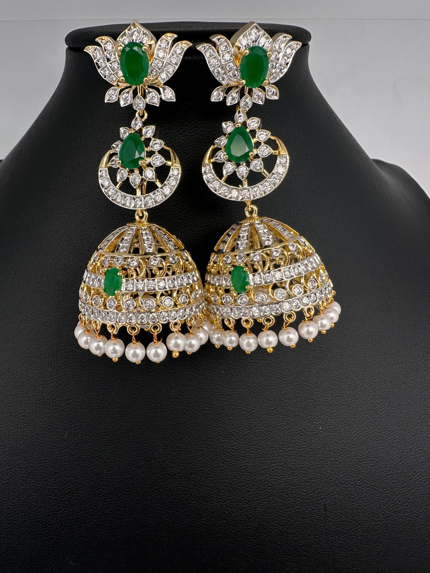 AD  Lotus Color Stone Big Size Statement Earrings - Green