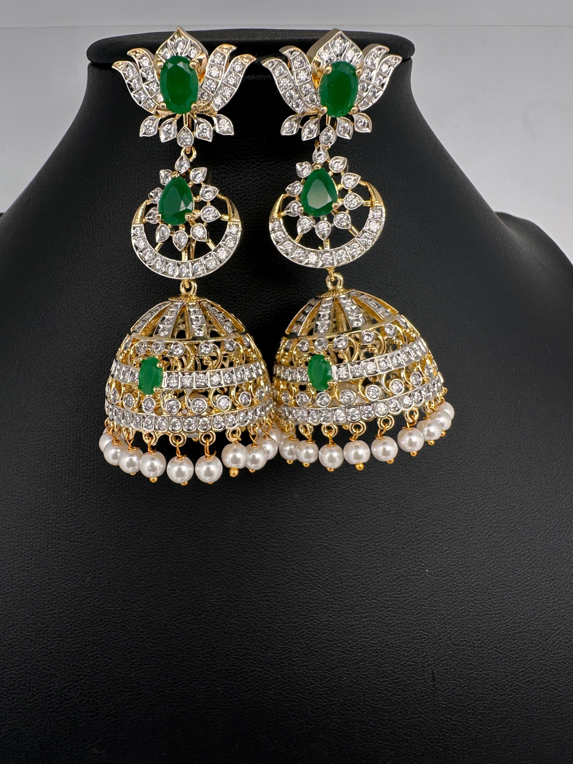 AD  Lotus Color Stone Big Size Statement Earrings - Green