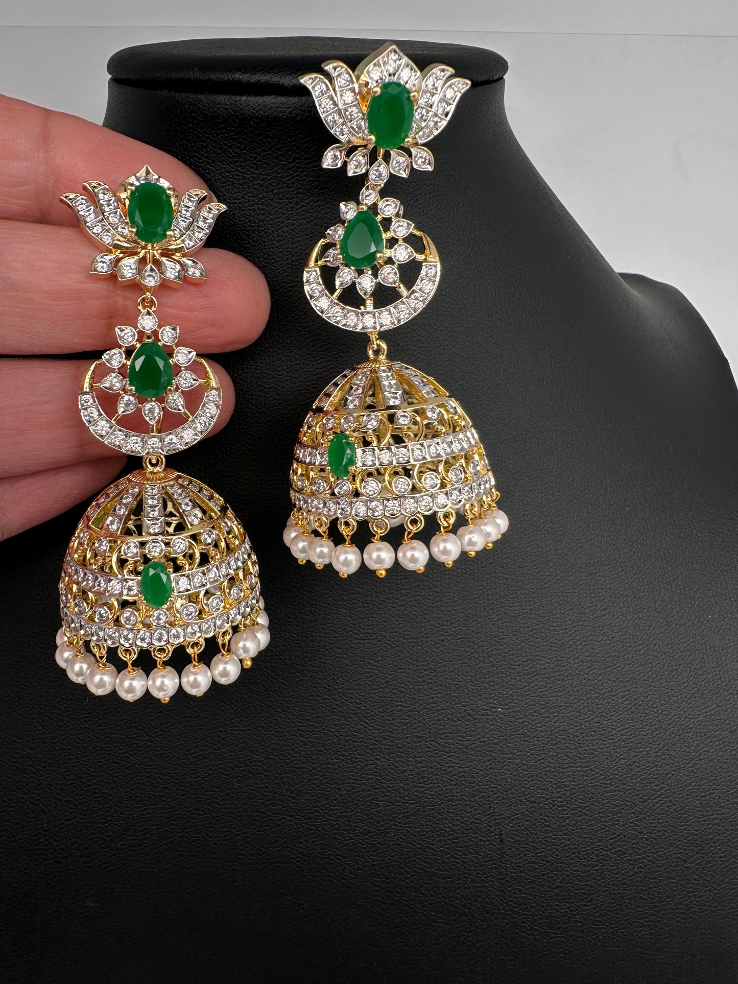AD  Lotus Color Stone Big Size Statement Earrings - Green