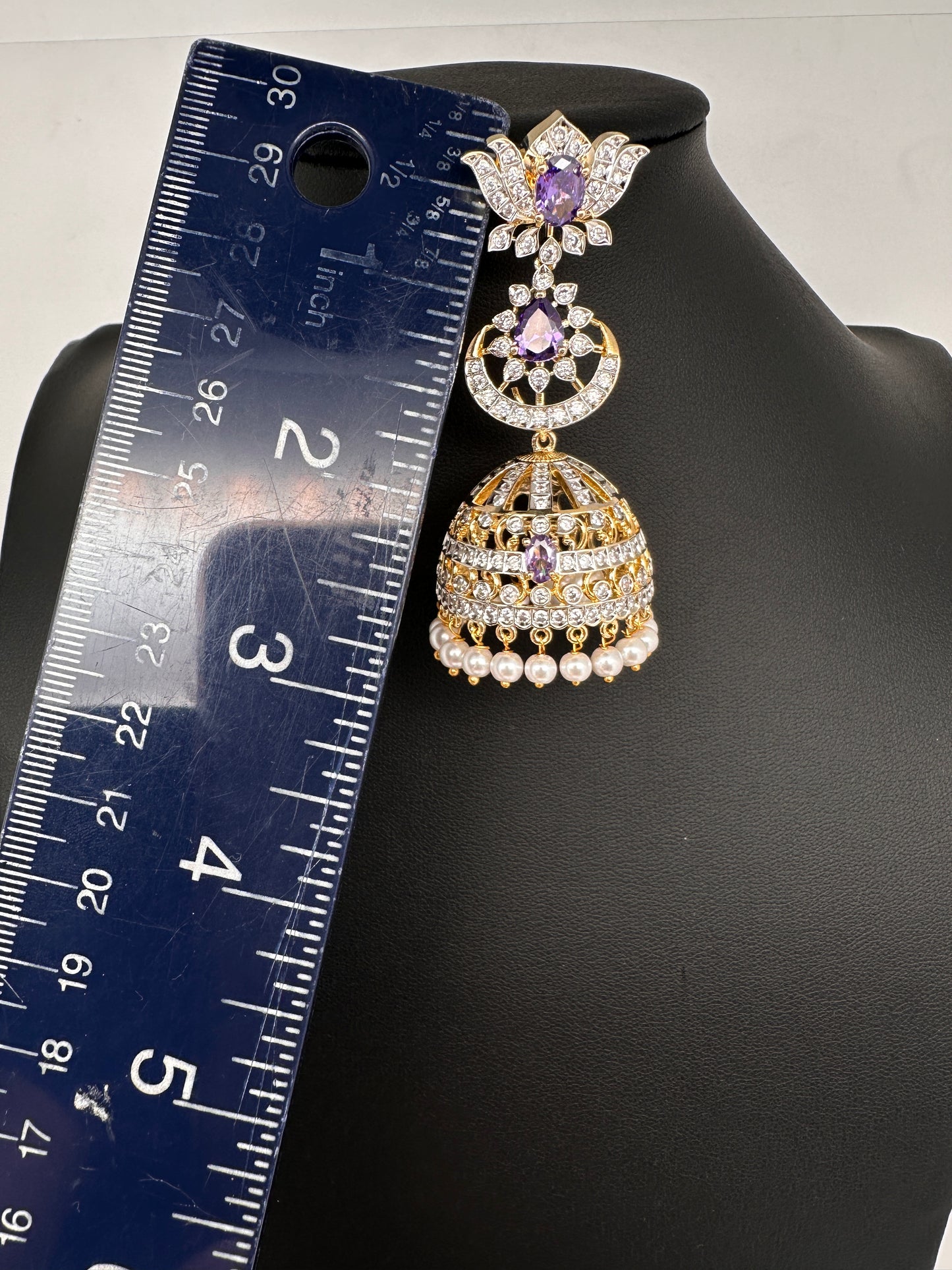AD  Lotus Color Stone Big Size Statement Earrings - Purple