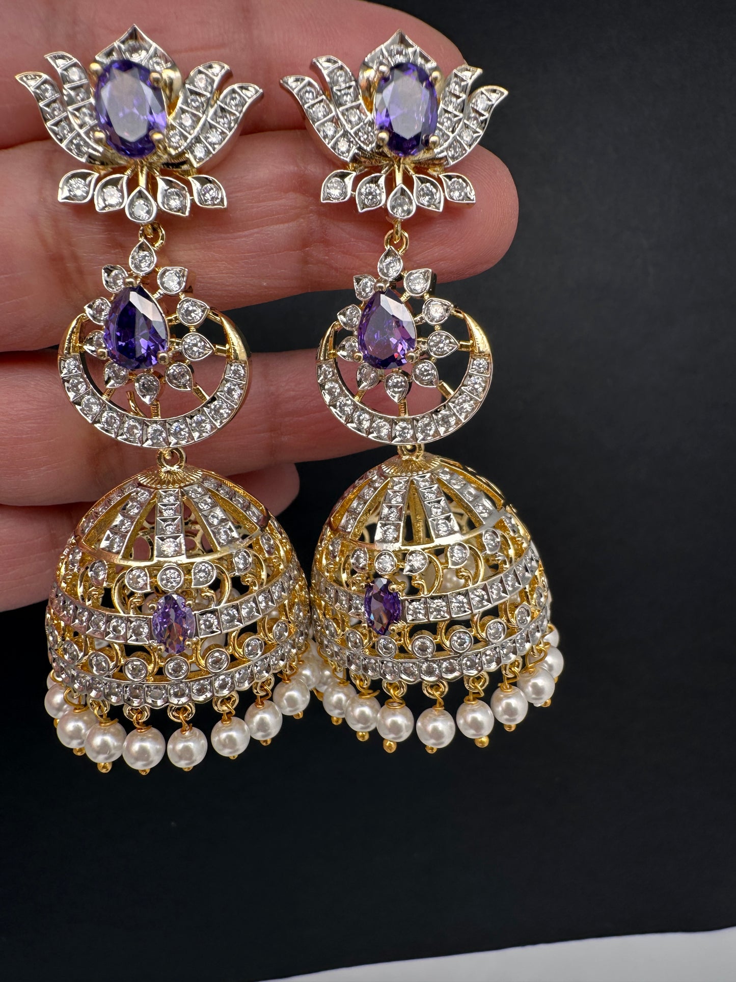 AD  Lotus Color Stone Big Size Statement Earrings - Purple