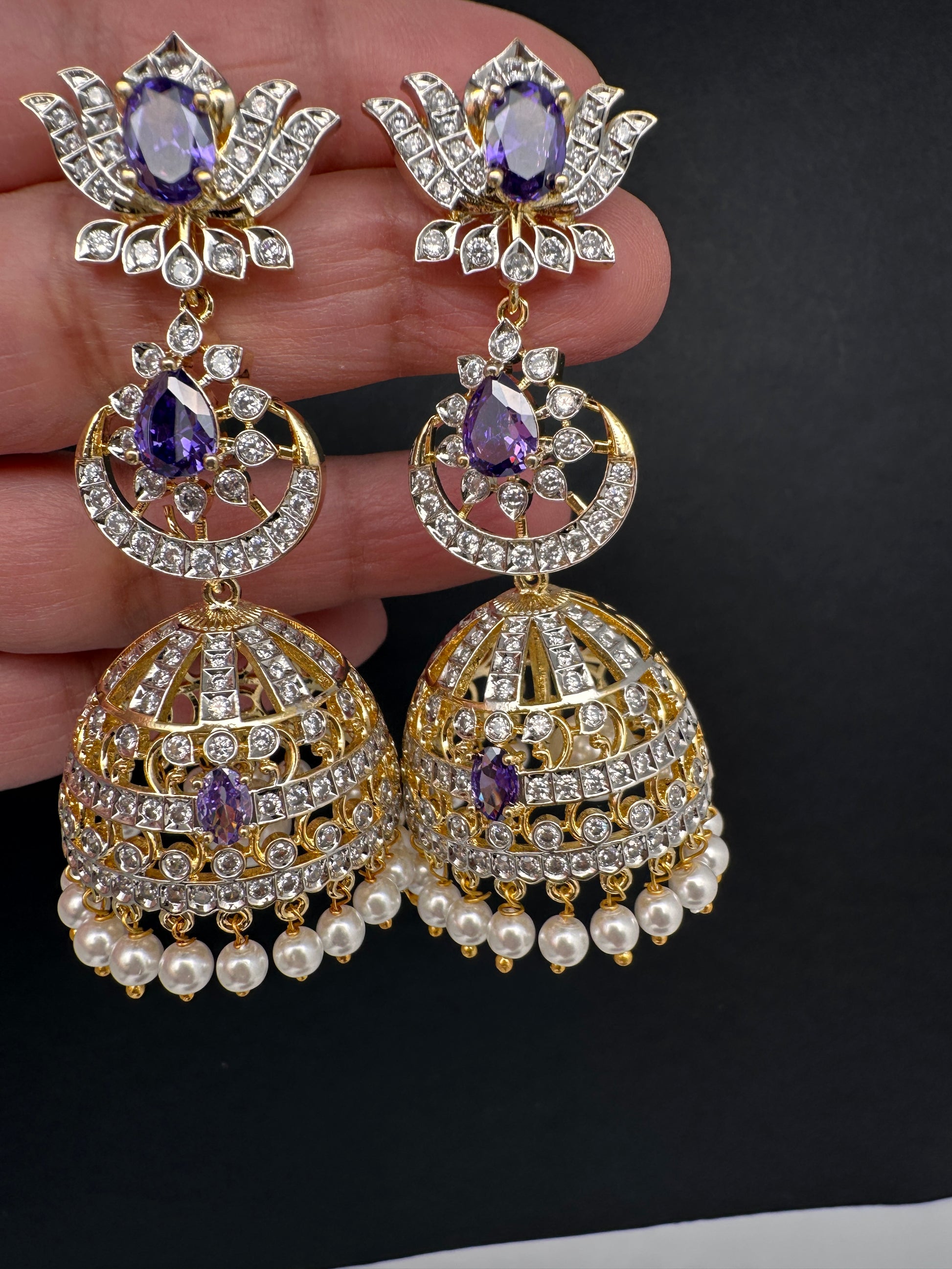 AD  Lotus Color Stone Big Size Statement Earrings - Purple
