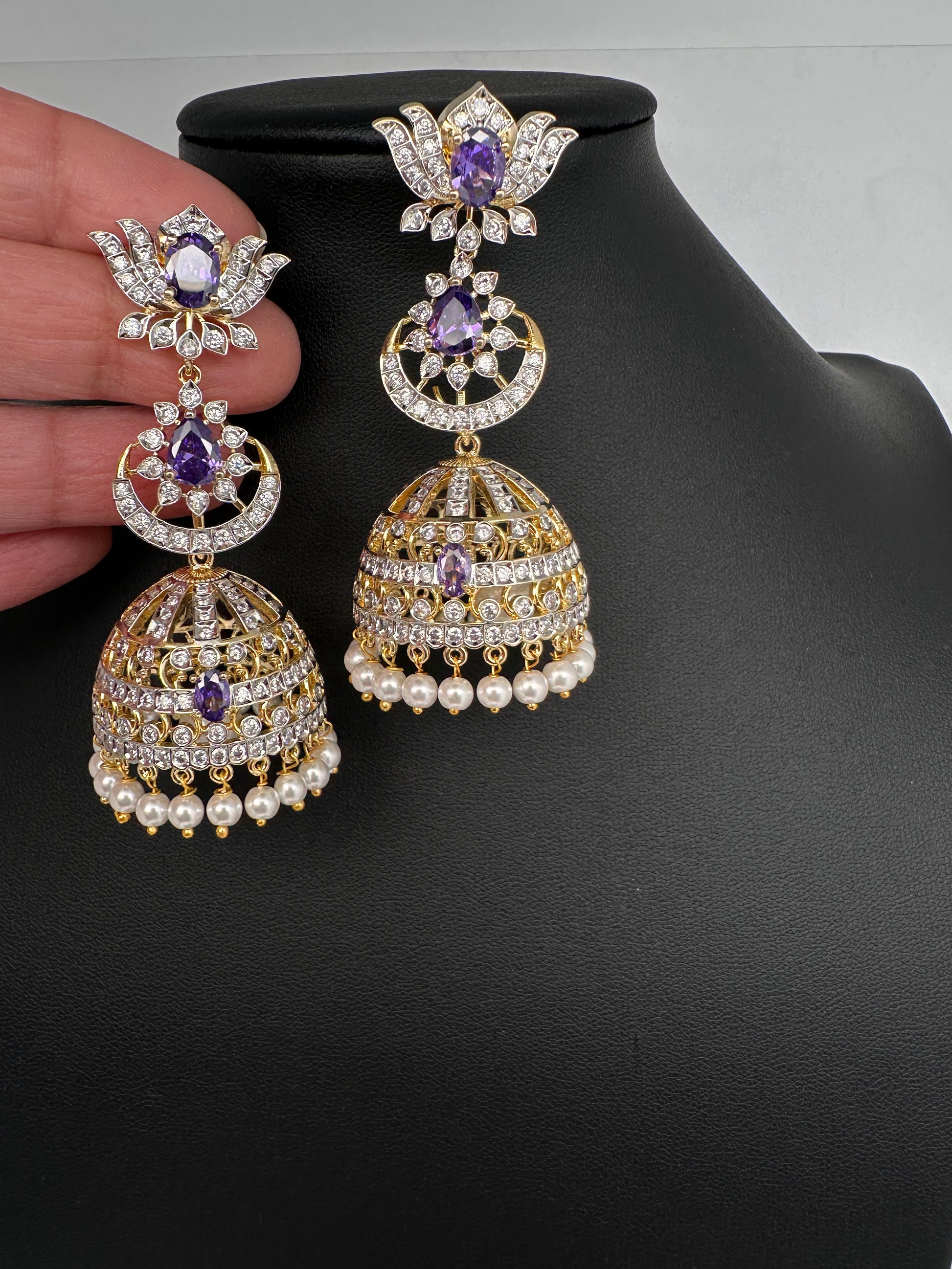 AD  Lotus Color Stone Big Size Statement Earrings - Purple
