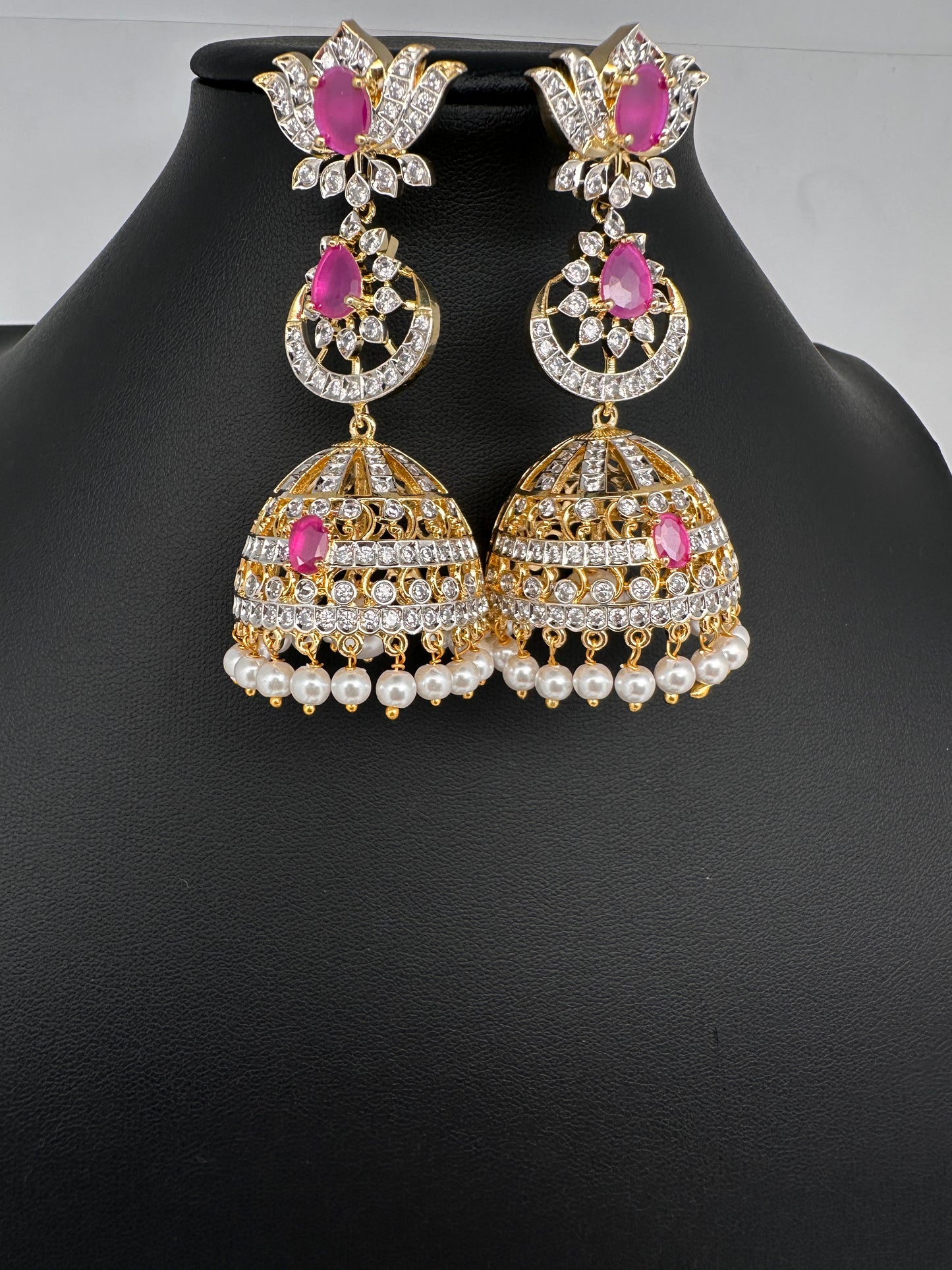 AD  Lotus Color Stone Big Size Statement Earrings - Red