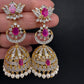 AD  Lotus Color Stone Big Size Statement Earrings - Red