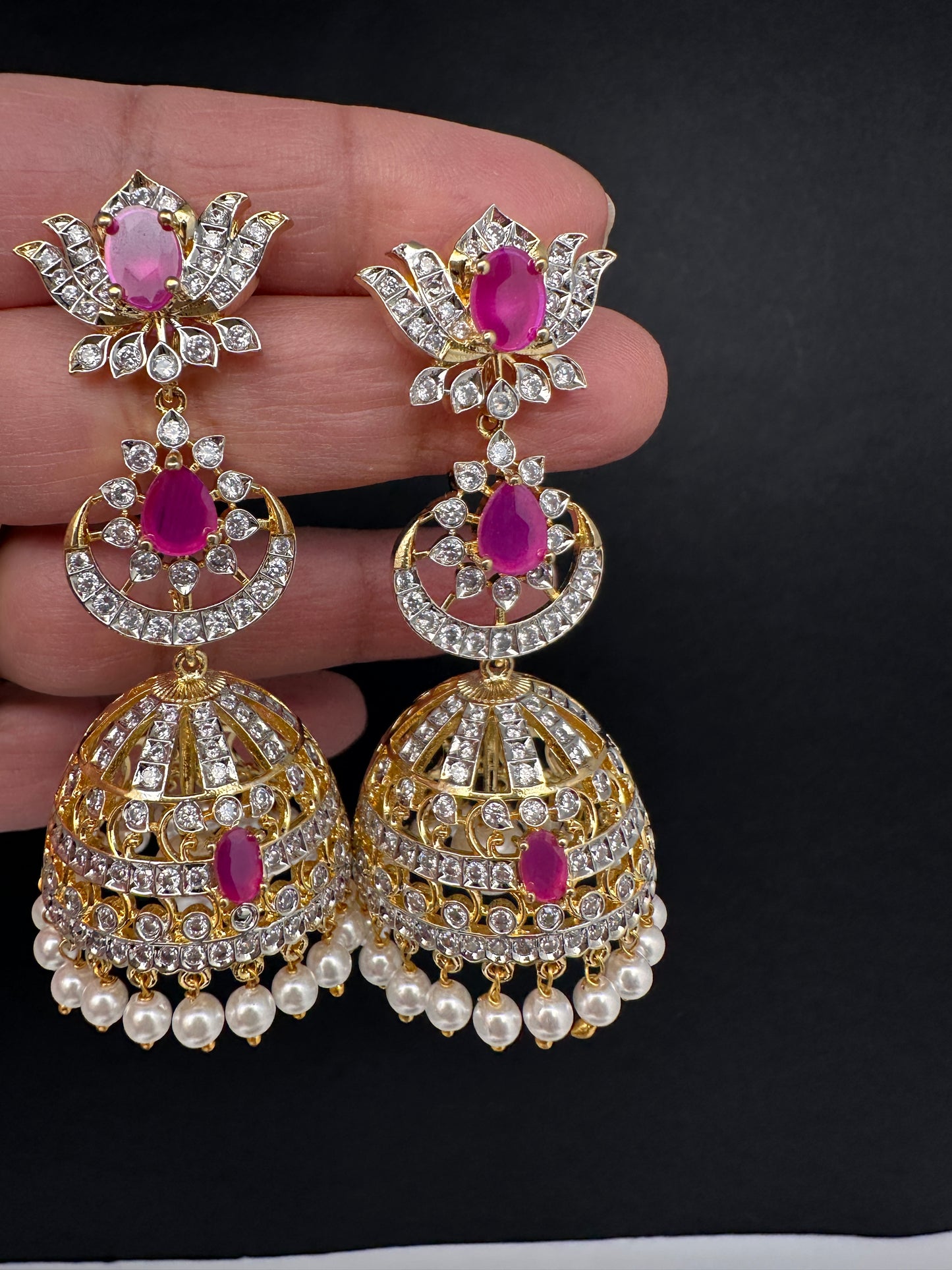 AD  Lotus Color Stone Big Size Statement Earrings - Red