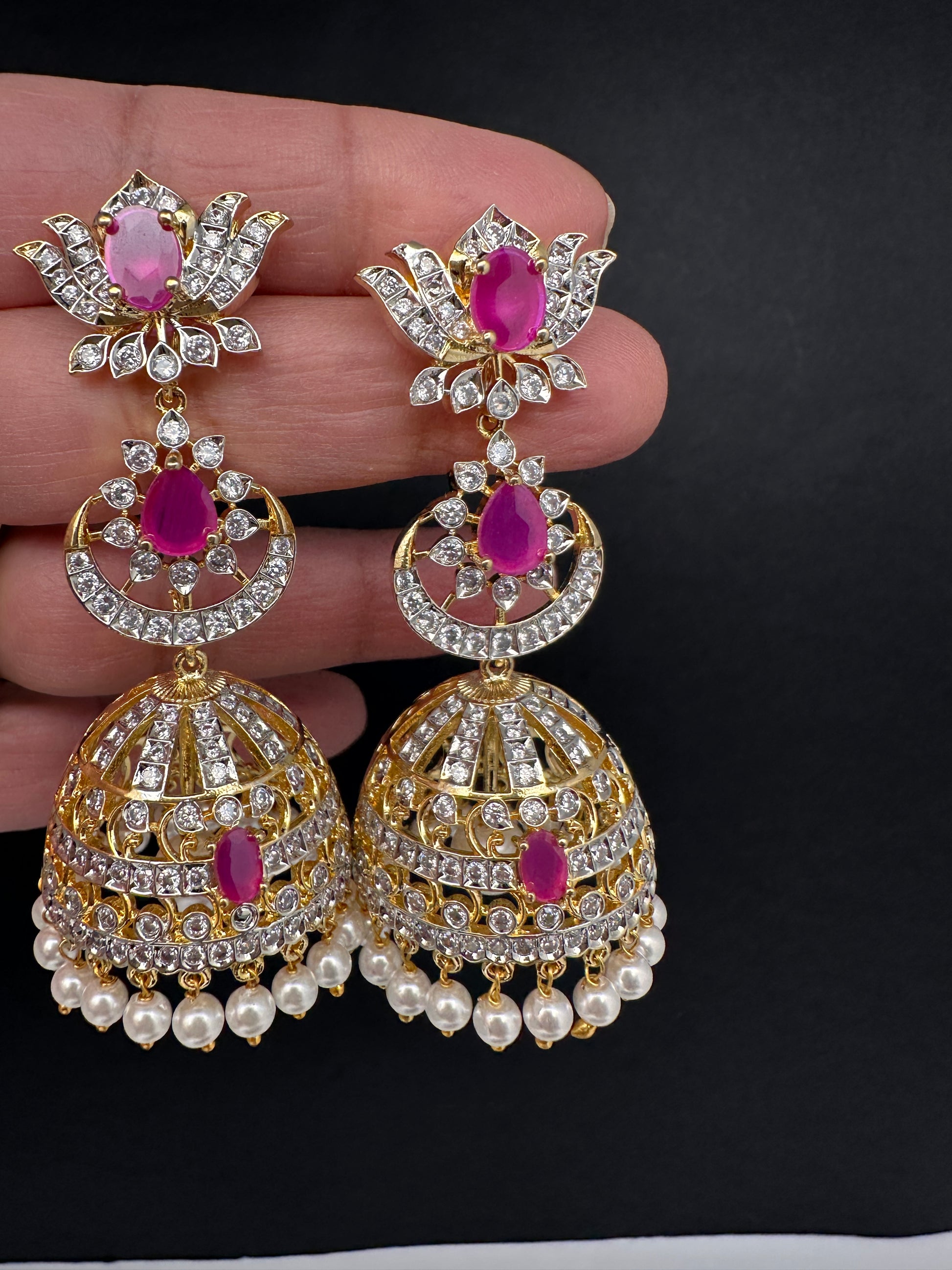 AD  Lotus Color Stone Big Size Statement Earrings - Red